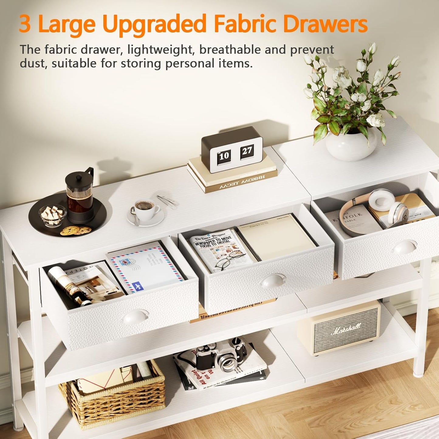 White Long 47" Console Sofa Table with 3 Drawers, Entryway Table with 3-Tier Storage Shelves, Display Shelf for Entry Way, Hallway, Couch, Living Room, Kitchen, Foyer