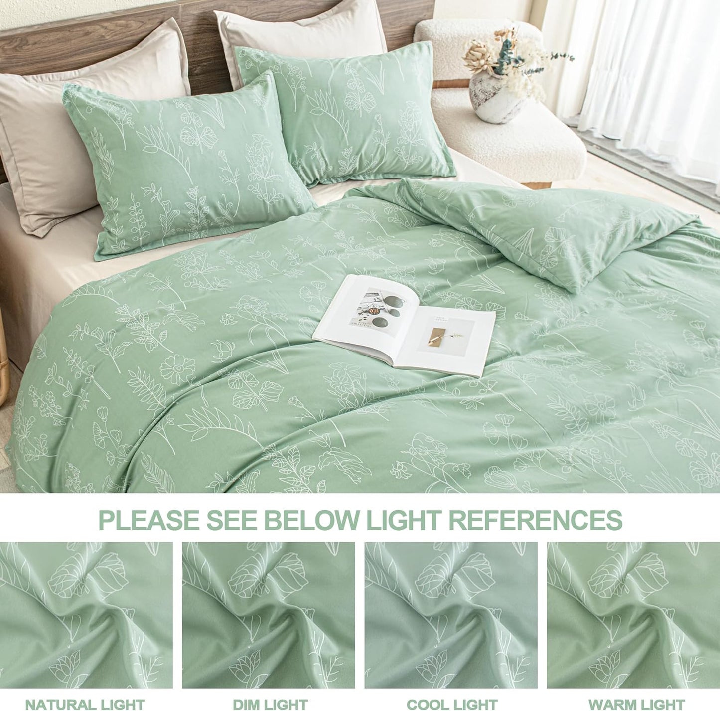 Queen Comforter Set Sage Green, 3 Pieces Floral Lightweight Bedding Comforter Sets, Gift Choice Cute Flowers Botanical Soft Blanket (1 Comforter, 2 Pillowcases)