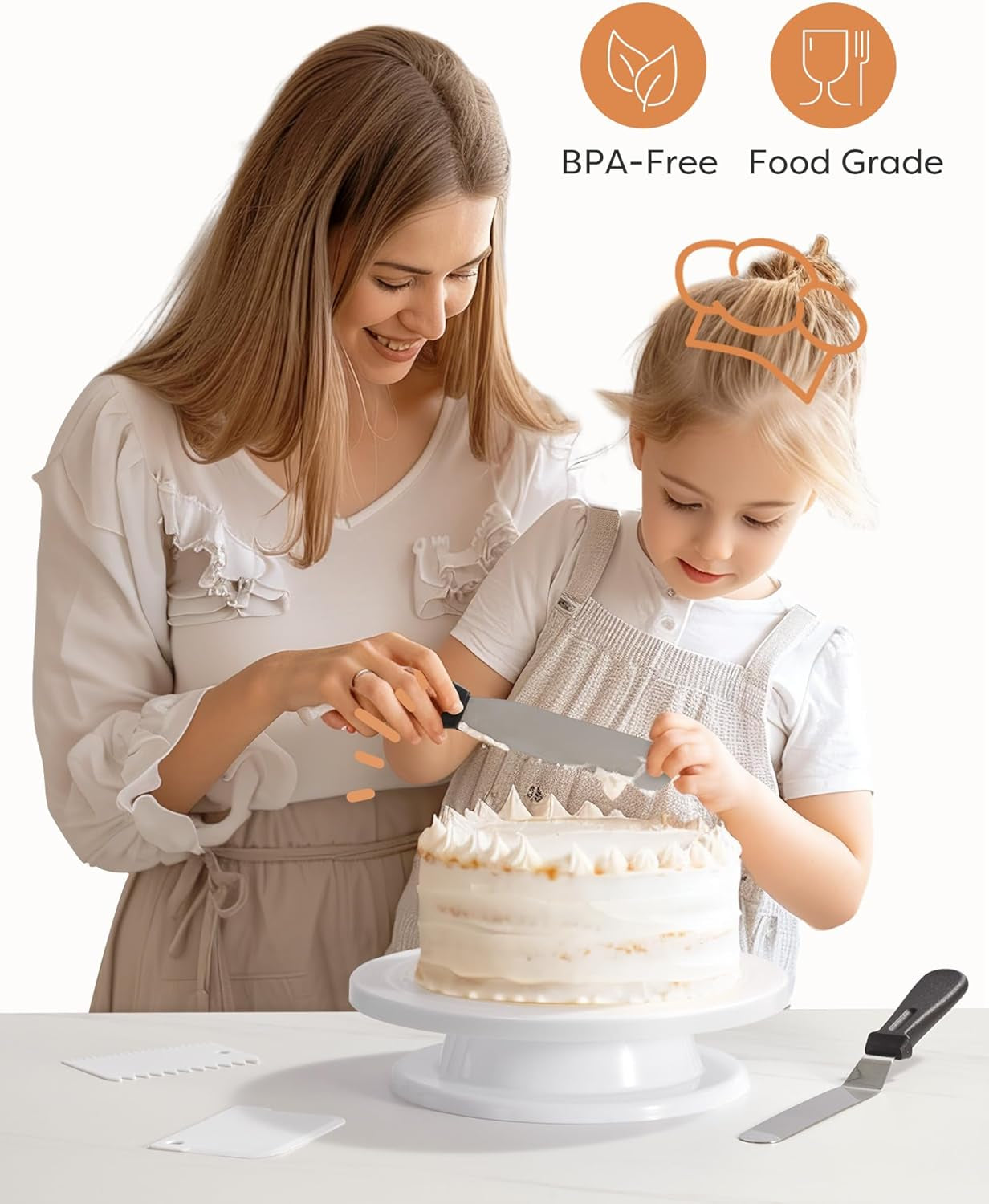 Cake Decorating Kit Baking Supplies Cake Turntable with 2 Frosting Straight Angled Spatula 3 Icing Smoother Scrapers Baking Accessories Tools for Beginners and Pros, White
