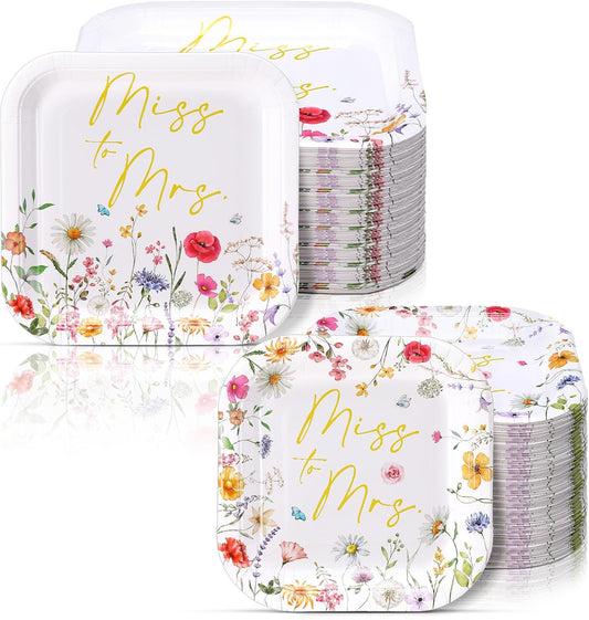 100-Count Floral Disposable Paper Plate Set - 9-Inch Dinner Plates and 7-Inch Square Dessert Plates for Weddings, Birthdays, and Baby Showers (Pink and Gold, Miss to Mrs Theme)