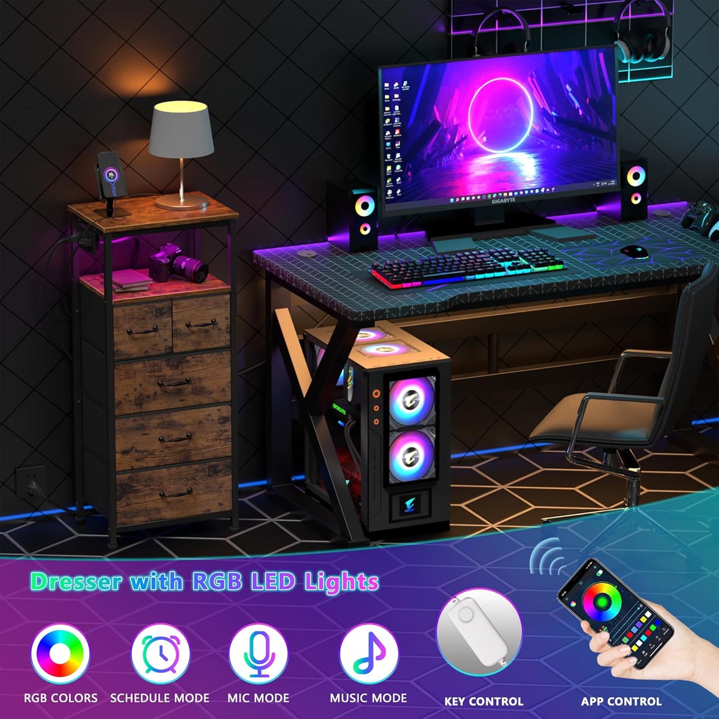 Rustic Brown Vertical Chest with Wood Top, Charging Station, LED Lights, and 5 Fabric Bins - Multifunctional Dresser and Nightstand for Bedroom and Entryway