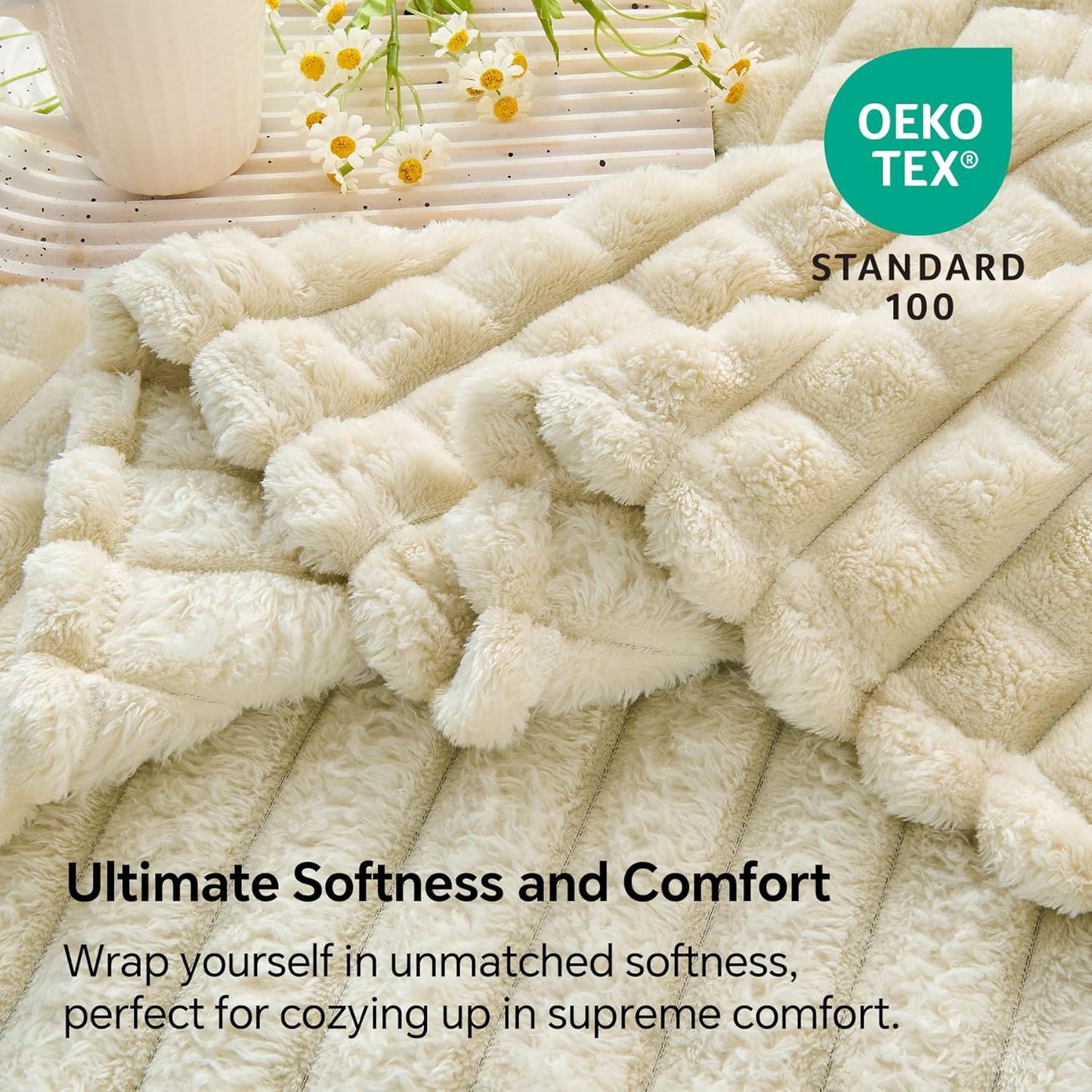 Beige Throw Blanket for Couch and Bed- Super Soft and Warm 3D Checkered Fluffy Fuzzy Fleece Blanket, Luxurious Plush Cozy Blanket for Room Decor Spring, 50X60 Inches