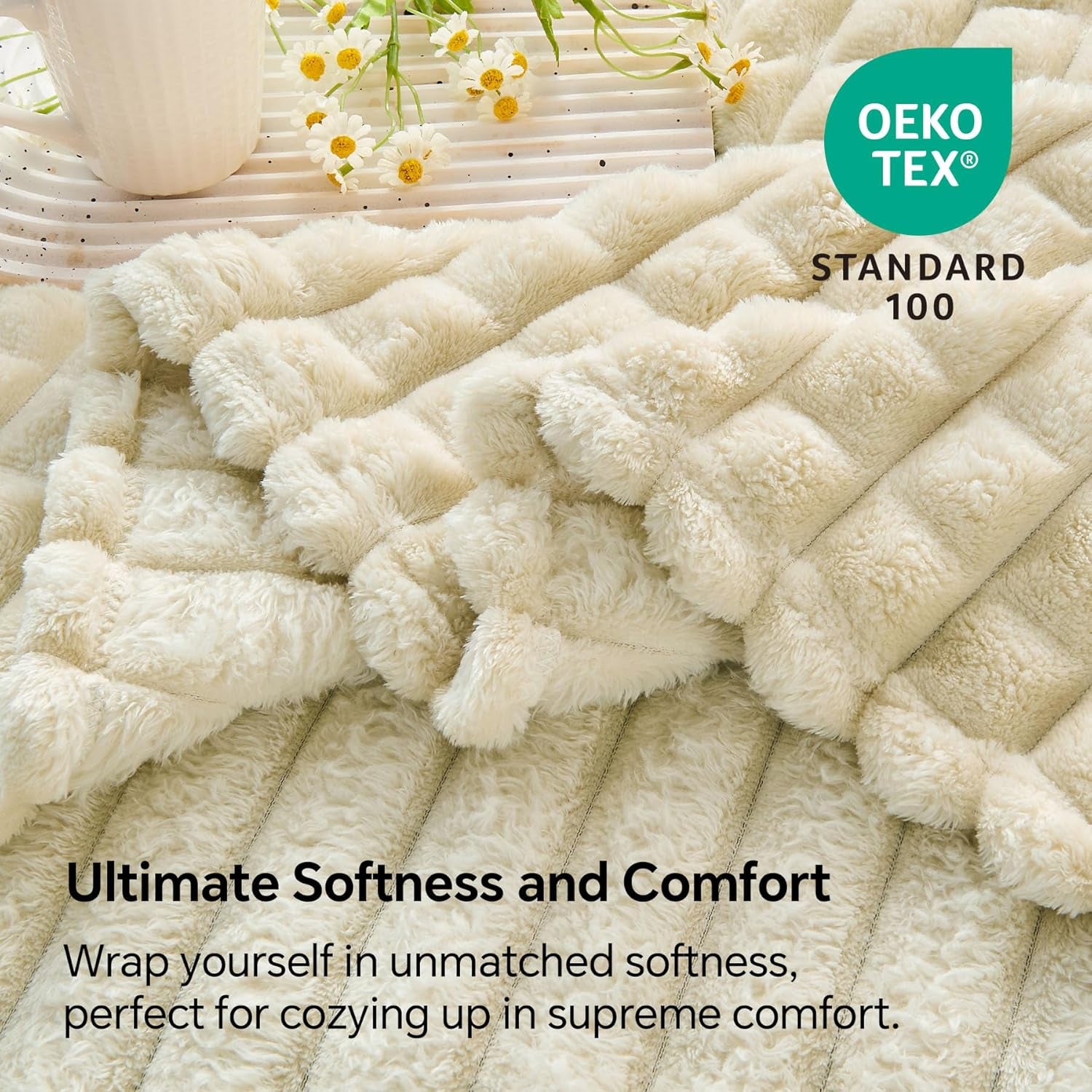 Beige Throw Blanket for Couch and Bed- Super Soft and Warm 3D Checkered Fluffy Fuzzy Fleece Blanket, Luxurious Plush Cozy Blanket for Room Decor Spring, 50X60 Inches