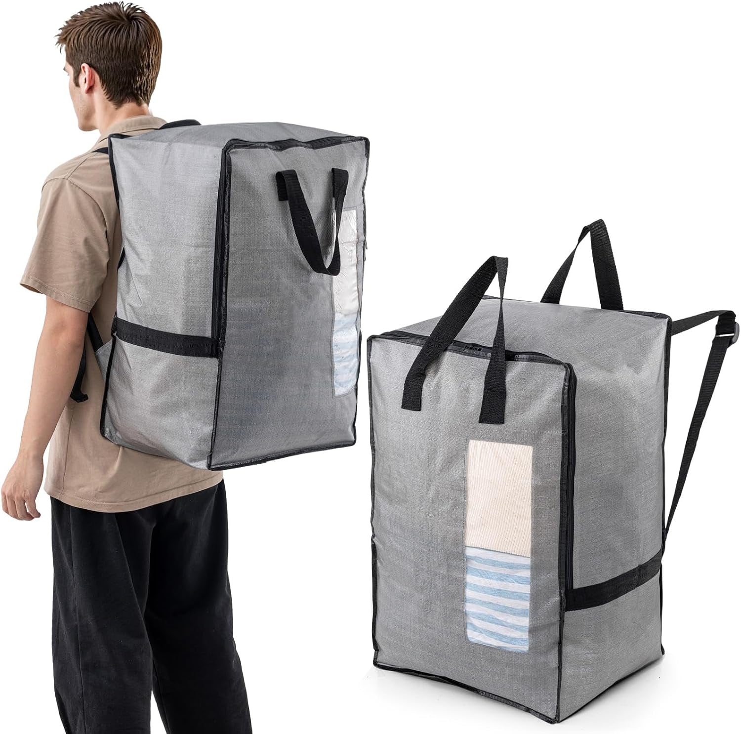 2 Pack Gray Moving Bags W/Adjustable Backpack Straps, Moving Supplies, Moving Boxes Alternative, Heavy Duty Storage Totes for College Packing, Camping Backpack for Travel, Dorm, Laundry