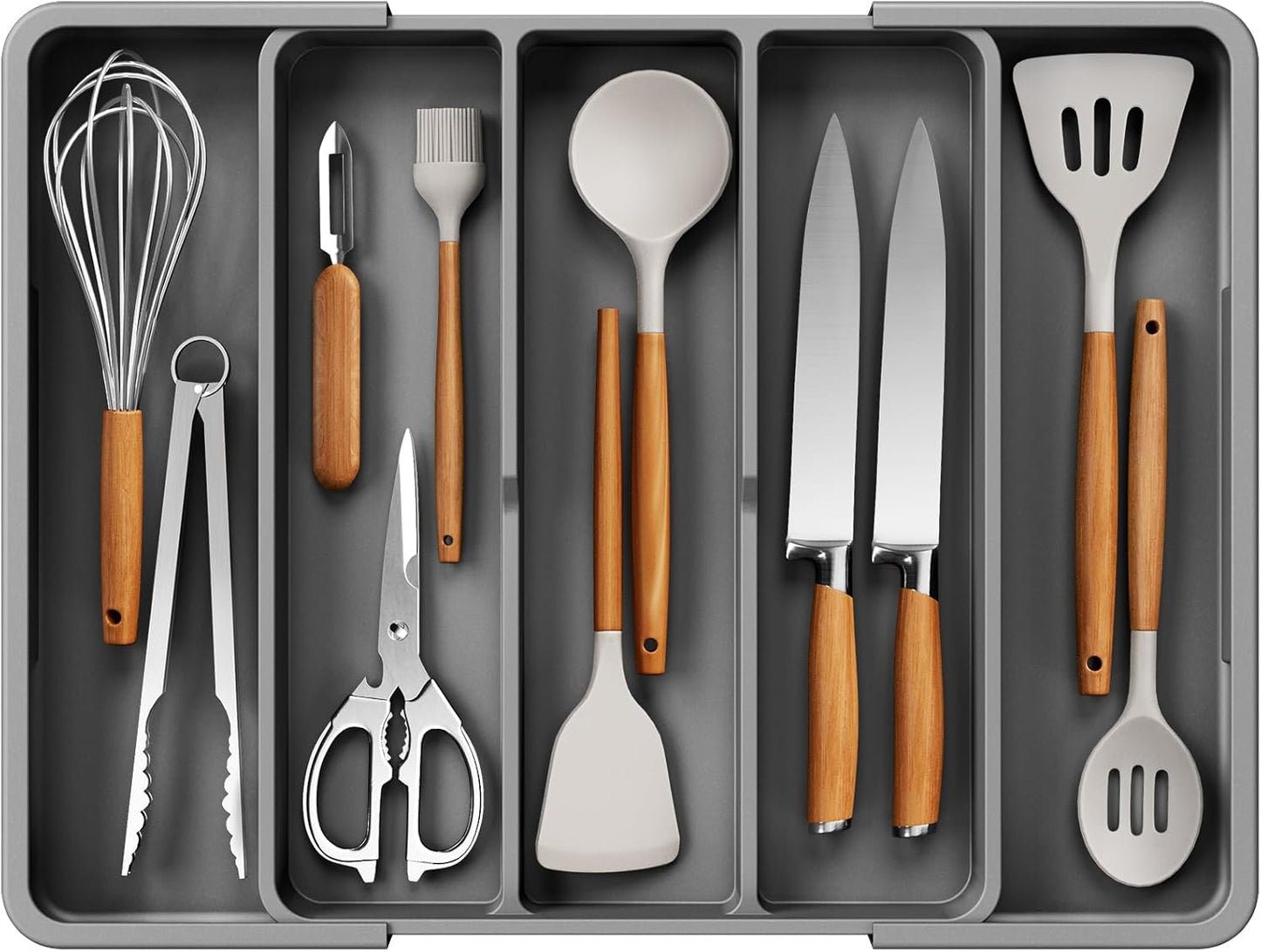 Expandable Silverware Organizer – Large Utensil Drawer Kitchen Organization with 5 Compartments, Easy-Clean, Home & Apartment Essentials, Grey, 13.6" X 1.4"X 11.0"~19.9"