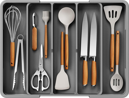 Expandable Silverware Organizer – Large Utensil Drawer Kitchen Organization with 5 Compartments, Easy-Clean, Home & Apartment Essentials, Grey, 13.6" X 1.4"X 11.0"~19.9"