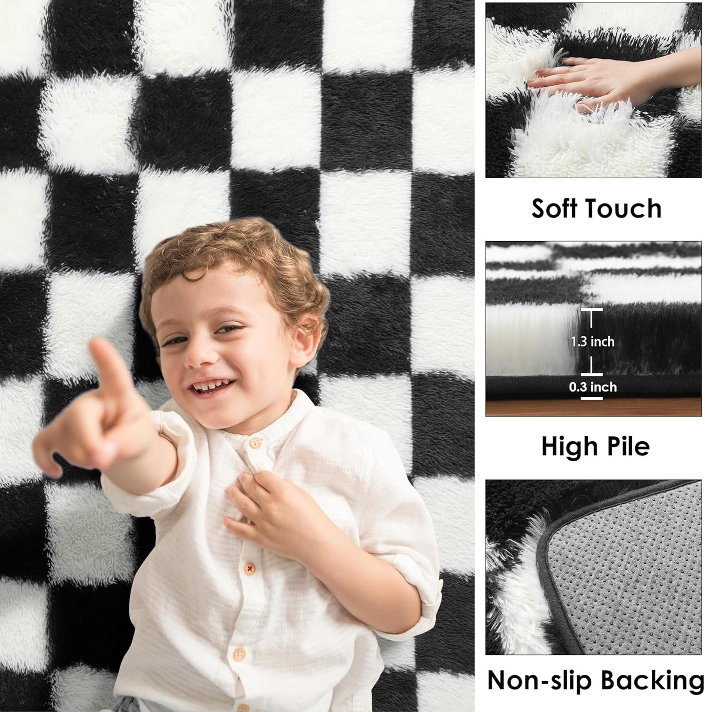 Black and White Checkered Fluffy Area Rug, 4x6 Soft Shag Carpet for Bedroom and Living Room, Plush Indoor Floor Decor for Kids and Teens