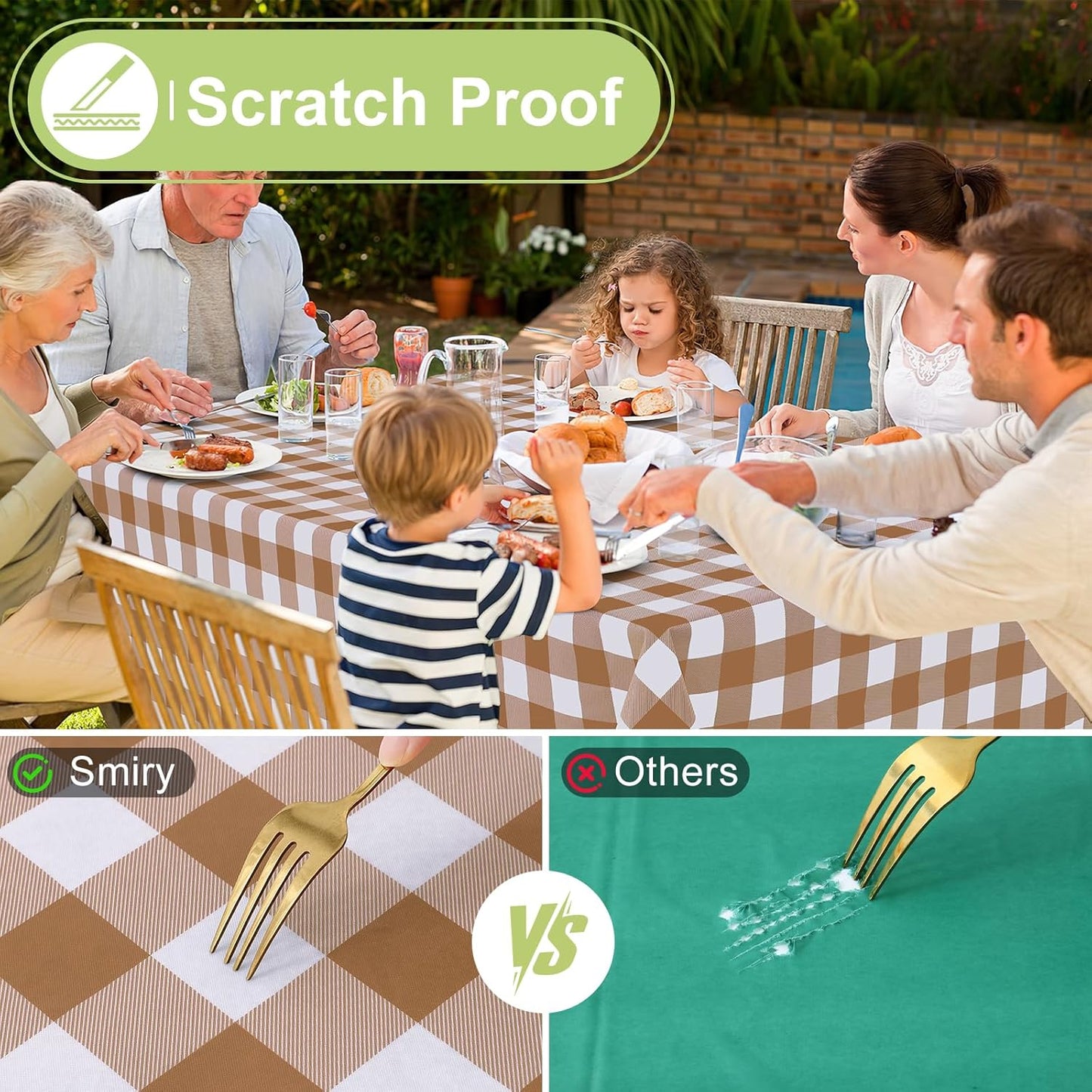 Waterproof Vinyl Rectangle Tablecloth with Flannel Backing, Wipeable Buffalo Plaid Design for Indoor and Outdoor Dining (Brown & White, 60" x 84")