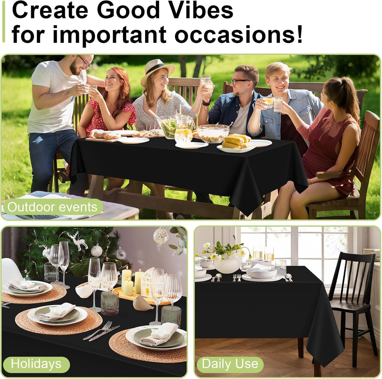 Plastic Table Cloth Disposable 2 Pack, 54 X 108 Inch Tablecloths for Rectangle Tables, Black Plastic Table Cover