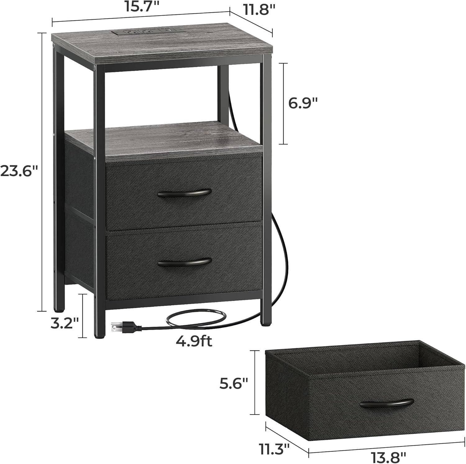 Charcoal Gray Nightstand with Integrated Charging Station, Fabric Drawers, Open Shelf, and USB Ports