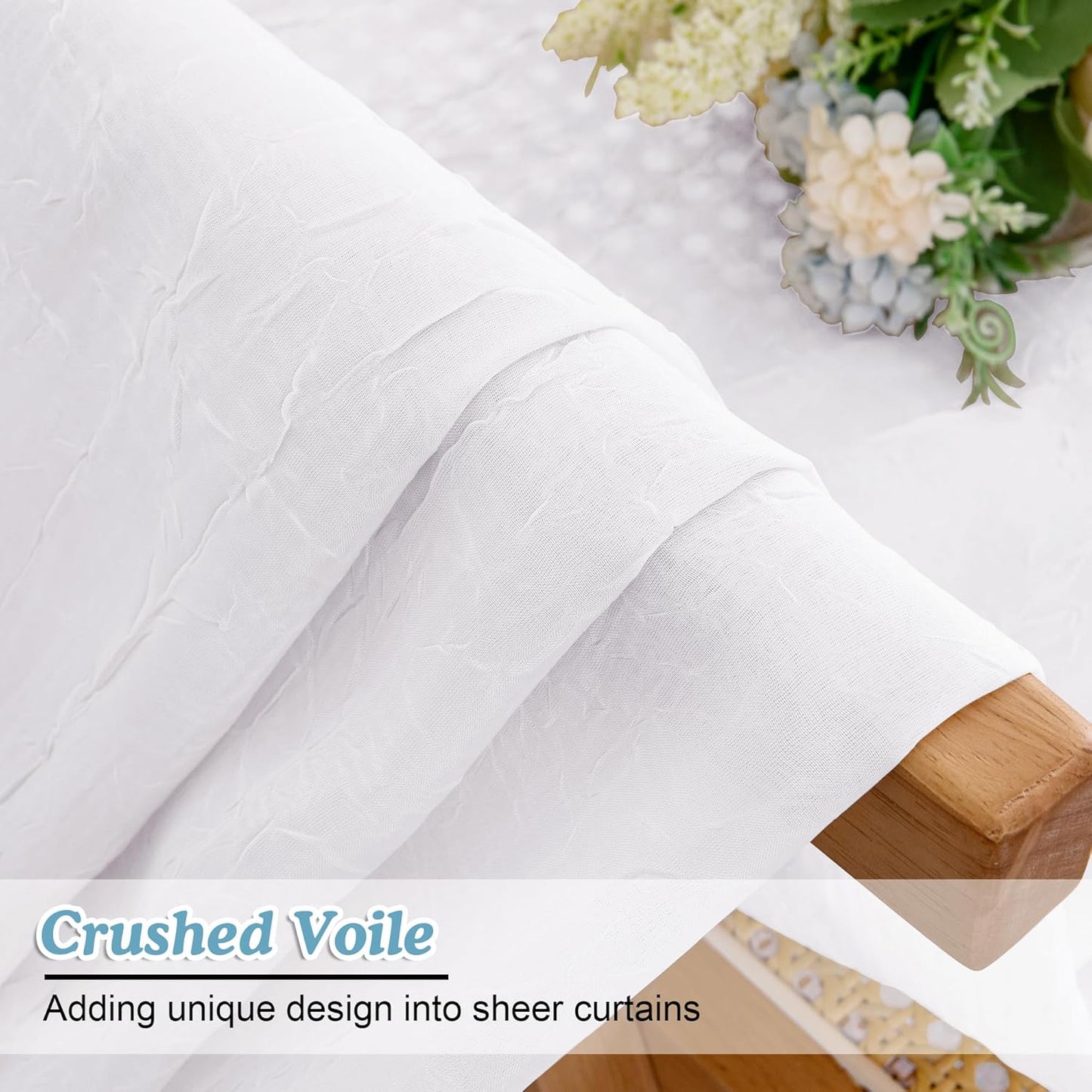 Crushed White Sheer Cafe Curtains 36 Inch Length 2 Panels, Light Filtering Crinkle Voile Bedroom Living Room Short Curtains, Each 42Wx36L Inches