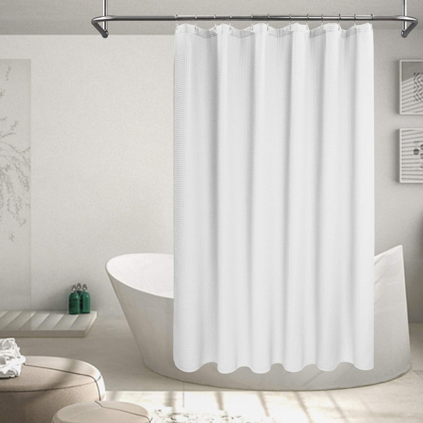Extra-Long Shower Curtain 80" Height - Honeycomb Waffle Weave & Cotton Blend, Hotel Luxury & Spa, Heavy Weight Fabric, Washable - White, 72X80