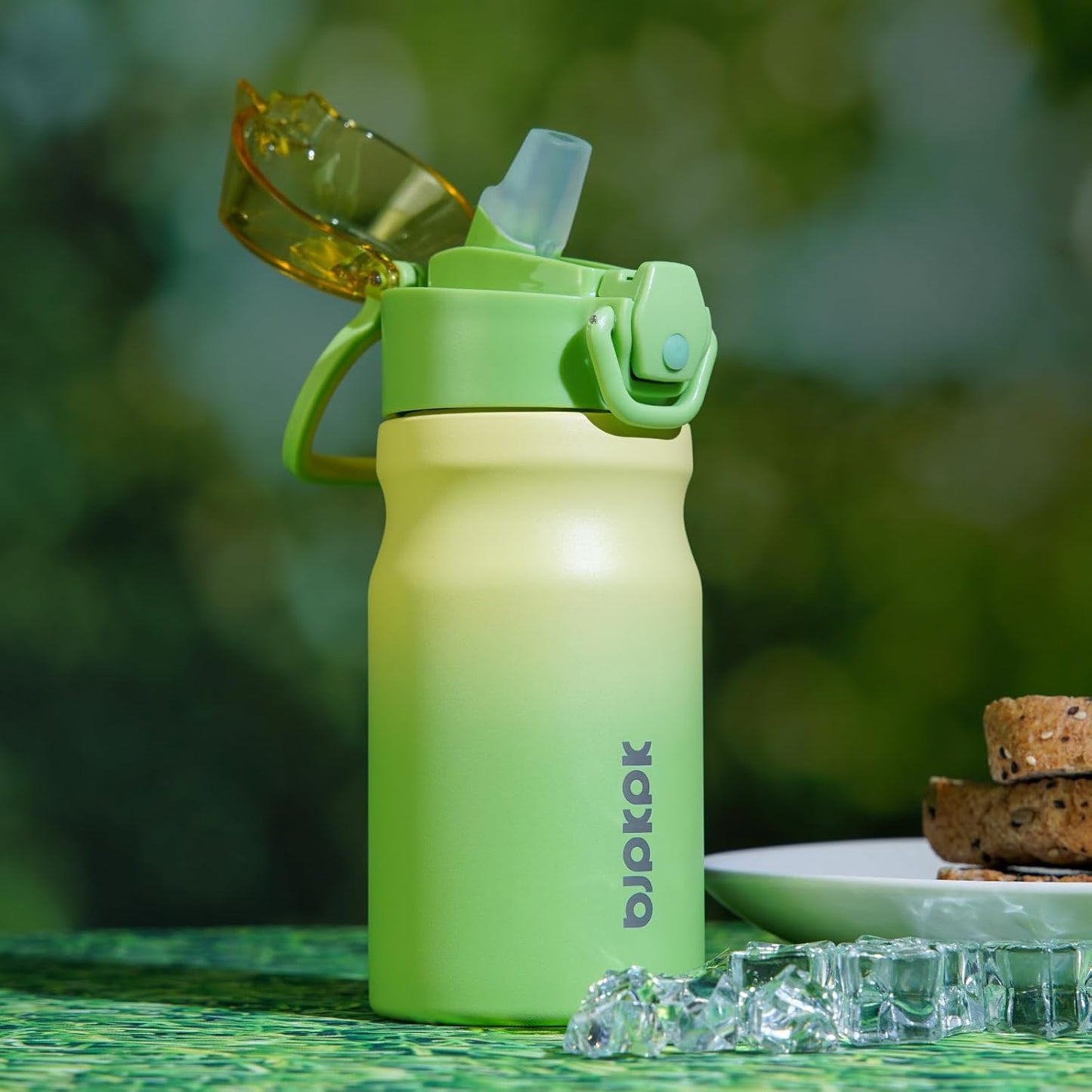 Water Bottle with Straw 14Oz Insulated Water Bottles Reusable Stainless Steel Metal Thermo with Leak Proof Lockable Lid and Carry Handle,Lime