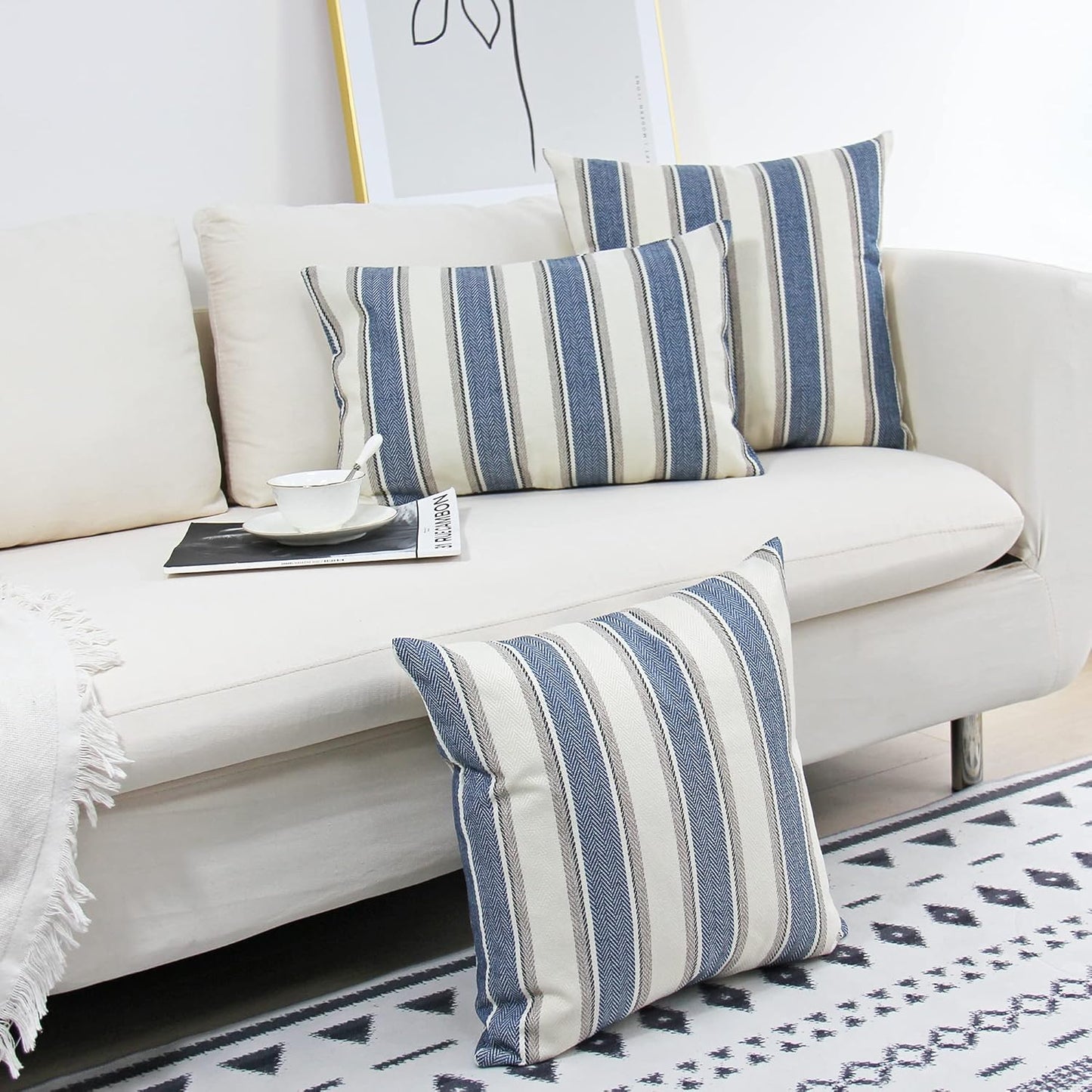 Stripe Throw Pillow Covers Farmhouse Pillowcases Pack of 2 18 X 18 Inch Blue