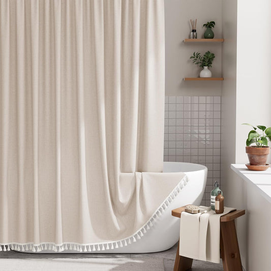 Boho Shower Curtain for Bathroom, 72X72 Beige Shower Curtain with Tassels, Modern Farmhouse Shower Curtain Set with Hooks, Neutral Faux Linen Light Tan Toned, Water Repellent