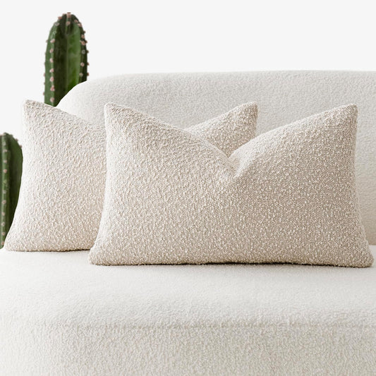 Pack of 2 Textured Boucle Throw Pillow Covers Accent Solid Lumbar Pillow Cases Cozy Soft Decorative Couch Cushion Case for Chair Sofa Bedroom Living Room Home Decor, 12 X 20 Inch,Beige