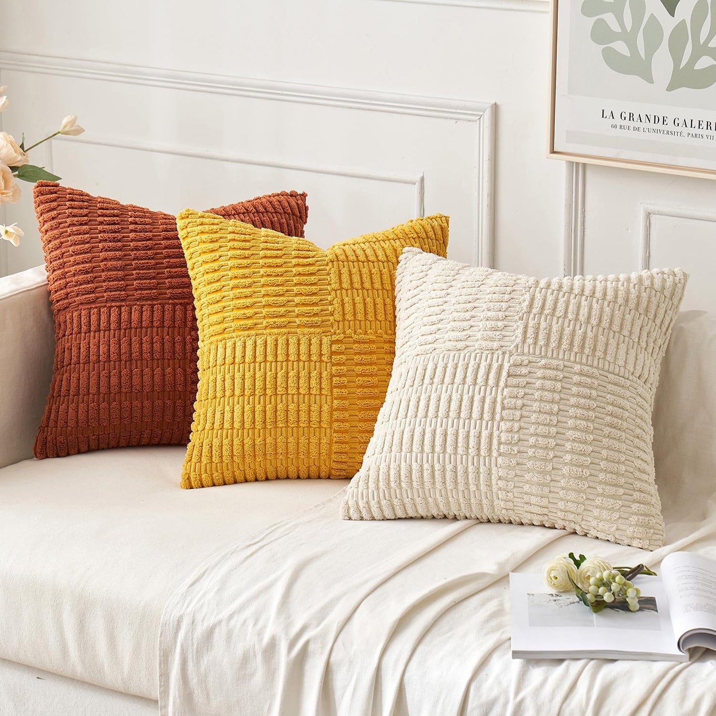 Fall Set of 2 Dark Rust Decorative Pillow Covers 18X18 Inch Textured Striped Patchwork Accents Farmhouse Boho Soft Corduroy Couch Pillows for Sofa Living Room Bed Home Decor