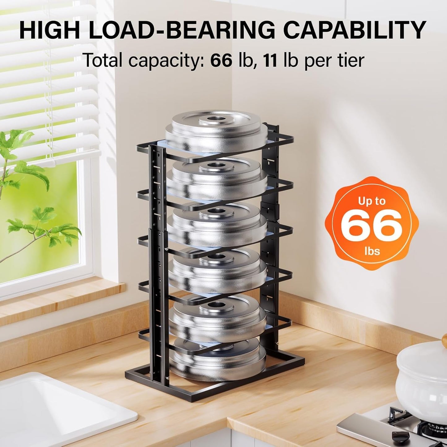Pots and Pans Organizer for under Cabinet, 6-Tier Heavy Duty Pan Pot Organizers inside Cabinet Adjustable 14 to 23.39", Pot Rack Kitchen Cabinet Organization and Storage Holds up to 12" Cookware