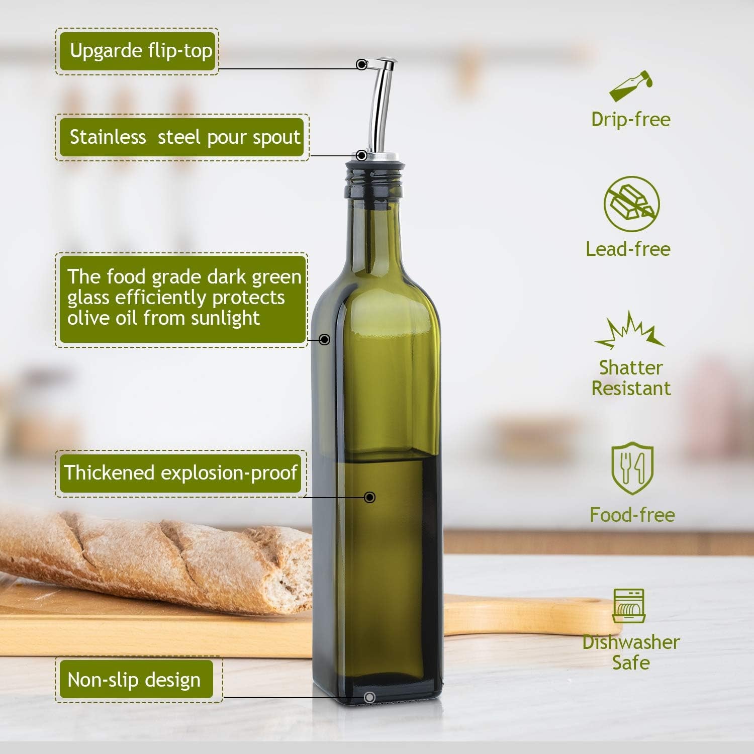 Glass Olive Oil Dispenser Bottle Set - 500Ml Dark Green Oil & Vinegar Cruet Bottle with Pourers, Funnel and Labels - Olive Oil Carafe Decanter for Kitchen, 17 Oz (Pack of 2)