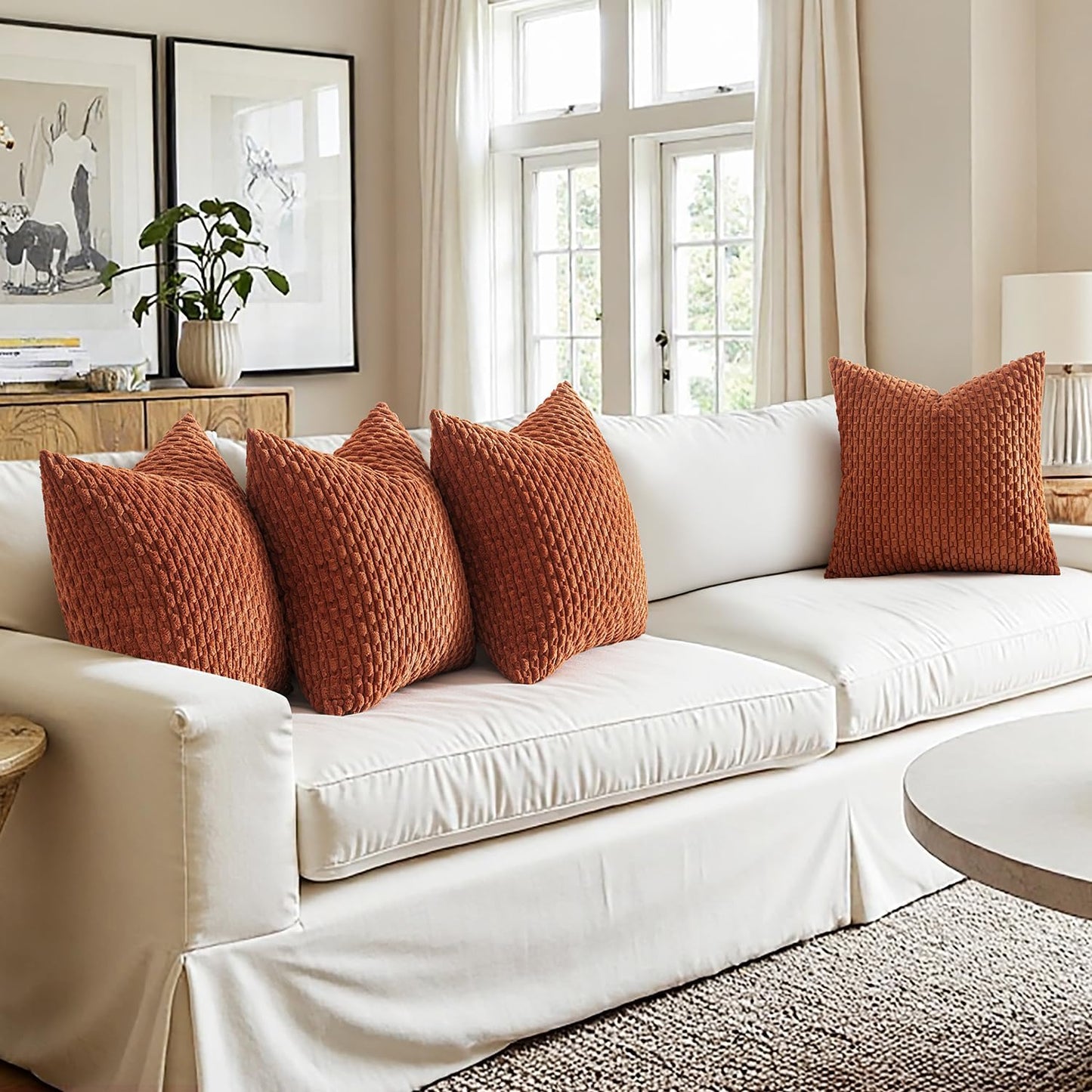 Fall Throw Pillow Covers Soft Couch Decorative Set of 4 Boho Striped Cushion Covers Corduroy Pillowcases Farmhouse Home Decor for Couch Bed Sofa Living Room 18X18 Inch Burnt Orange