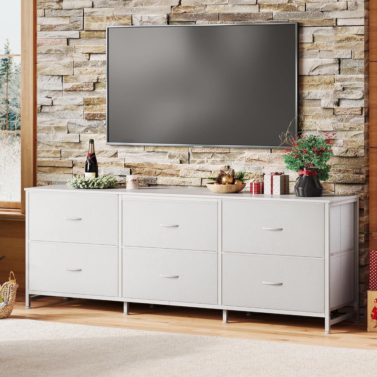 63-Inch Long Dresser and TV Stand for 55 to 70 Inch TVs, 6-Drawer Storage Organizer with Fabric Drawers, PU Leather Finish, Ideal for Bedroom and Entryway, White