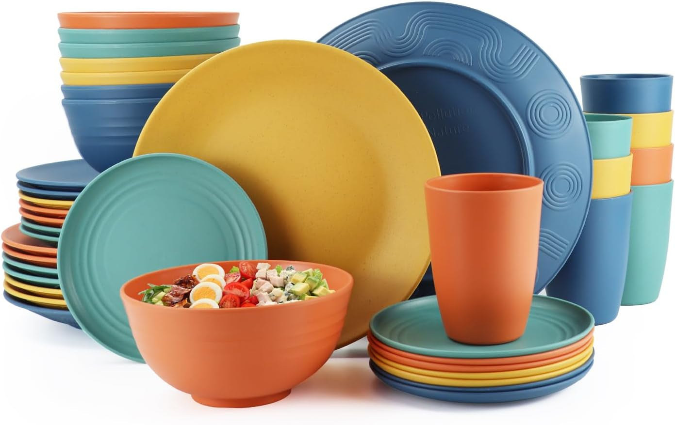 40-Piece Durable Plastic Wheat Straw Dinnerware Set - Multi-Color, Service for 8 with Plates, Bowls, Cups, and Appetizer Plates - Ideal for Outdoor Camping