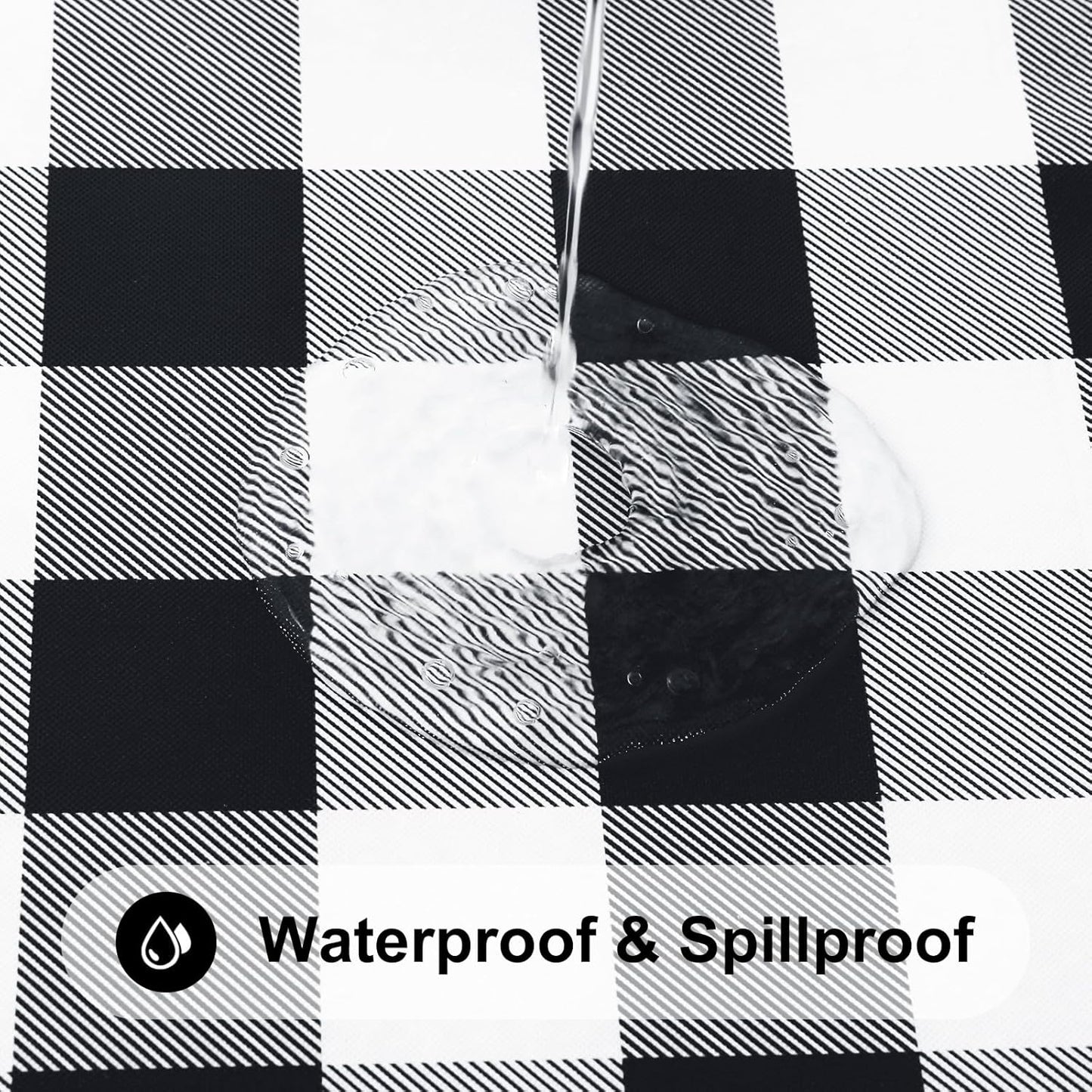 round Picnic Tablecloth, Elastic Waterproof Fitted Vinyl Tablecloths for 36"-44" Tables, Flannel Backed Buffalo Plaid Table Cover for Dining, Camping, Outdoor, Black and White