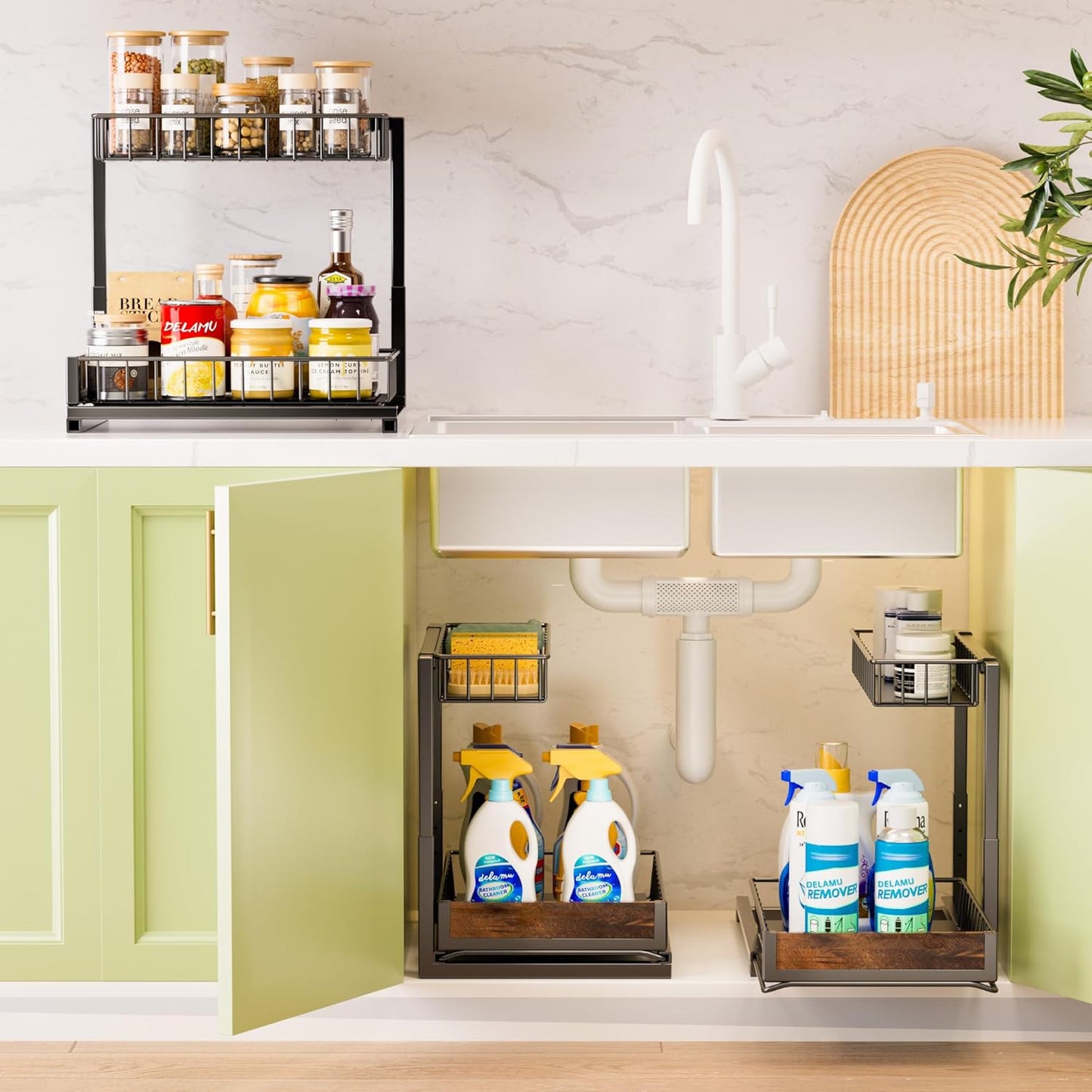 2 Pack under Sink Organizer and Storage, Height Adjustable under Kitchen Sink Organizer, 2 Tier Pull Out under Cabinet Organizer, Black under Counter Storage for Kitchen Bathroom