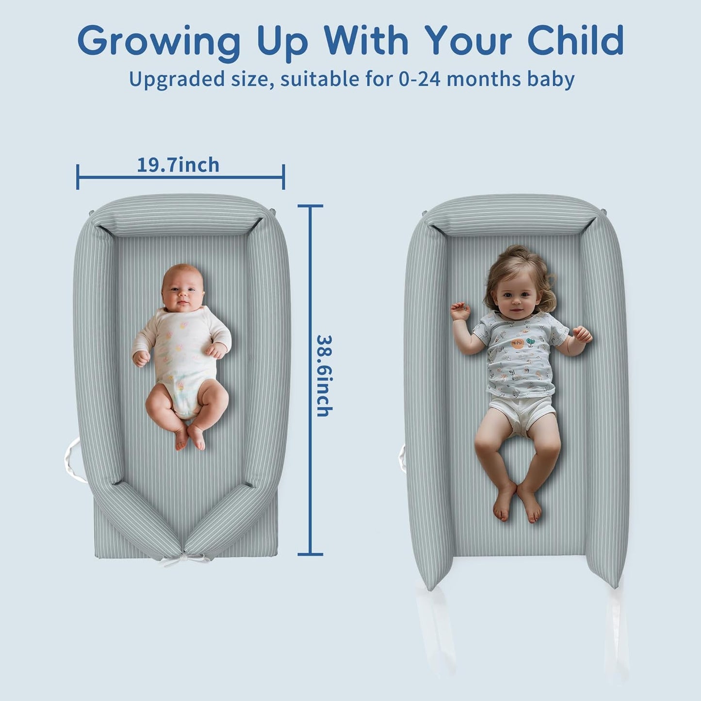 Premium Baby Lounger - Breathable and Soft Nest with Cooling Touch Cover for Newborns (0-24 Months) - Ideal for Home and Travel - Grey