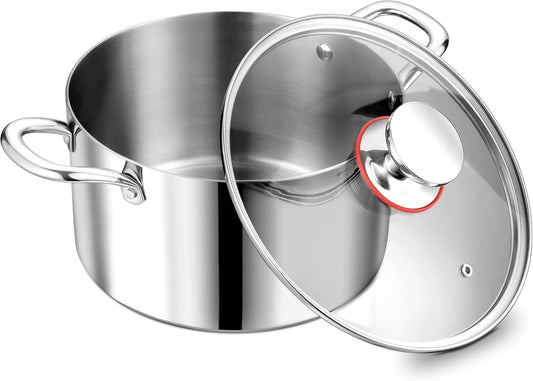 5 Quart Tri-Ply Stainless Steel Stock Pot, 5 Qt Stockpot Pasta Cooking Pot with Visible Lid for Soup Vegetable, Induction Cookware for All Stoves, Sturdy & Double Handle, Dishwasher Safe