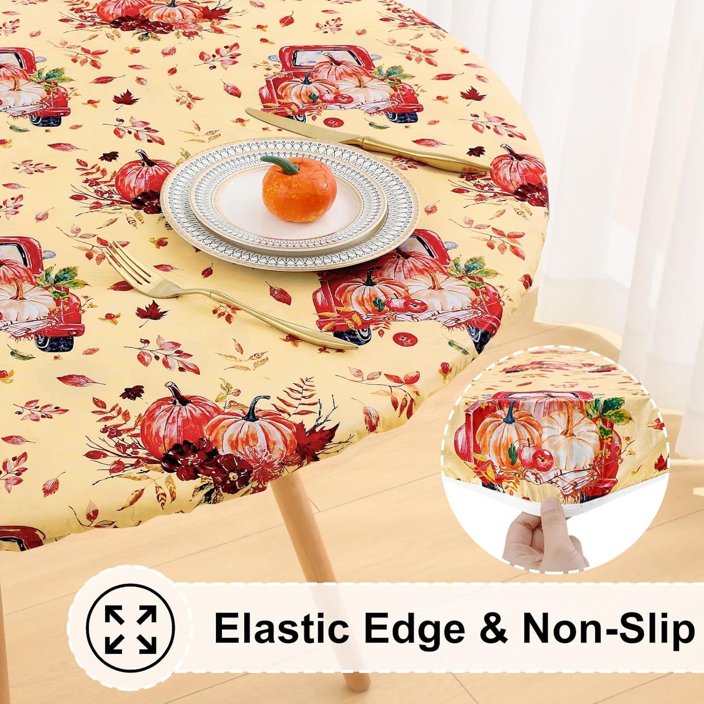 round Fitted Tablecloth with Elastic Edge, 100% Waterproof Oil Proof Plastic Table Cover, Vinyl Flannel Backed Tablecloth Fits 36"-44" round Tables for Fall, Thanksgiving, Pumpkin Truck