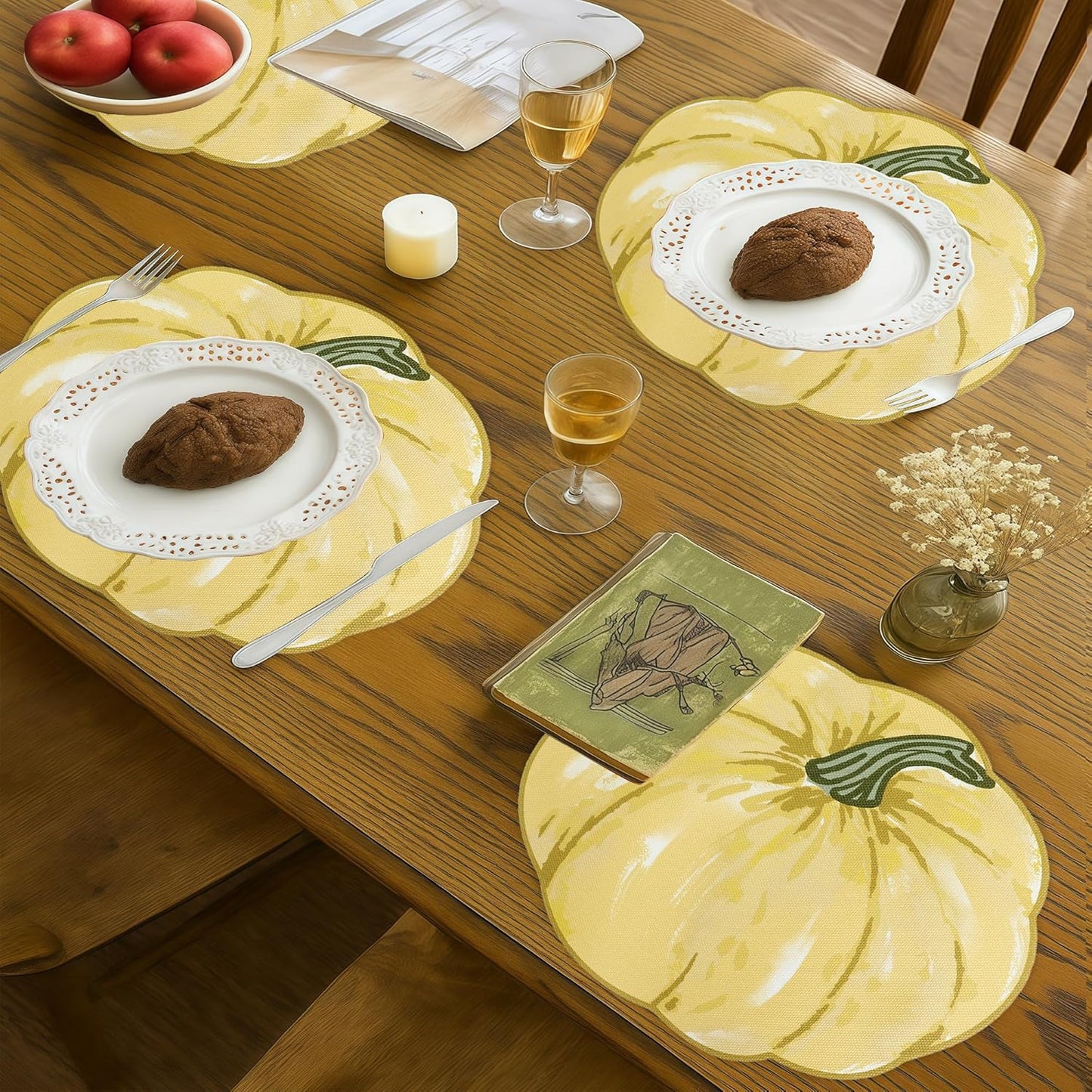 Fall Placemats Set of 4, Autumn Printed Pumpkin Textured Fabric Place Mats for Kitchen Dining Table,Thanksgiving Harvest Halloween Holiday Decor Placemat, Water-Proof, Washable, Each 13" X 15"