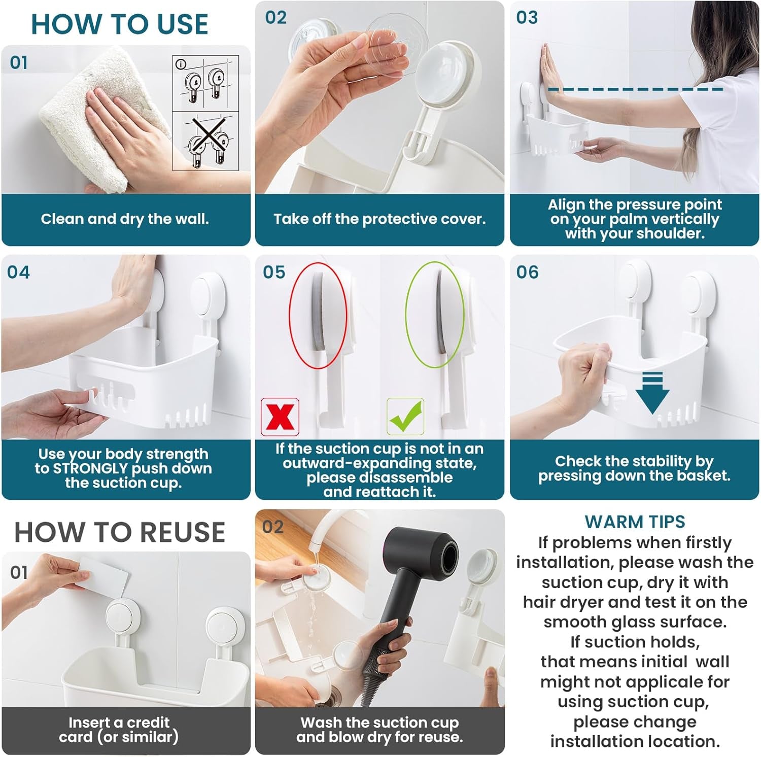 Shower Caddy Suction Cup, Heavy Duty Bathroom Organizer, Removable Shelves for inside Shower, Shampoo, Waterproof Suction Plastic Storage for Bathroom Accessories Holder, White