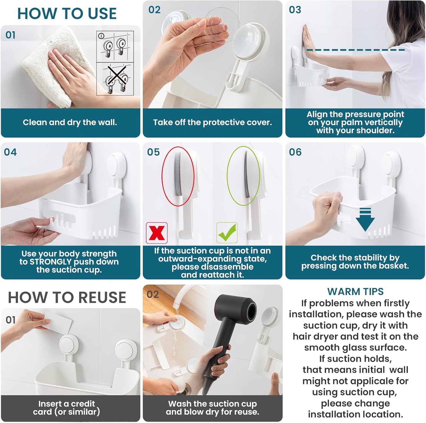 Shower Caddy Suction Cup, Heavy Duty Bathroom Organizer, Removable Shelves for inside Shower, Shampoo, Waterproof Suction Plastic Storage for Bathroom Accessories Holder, White