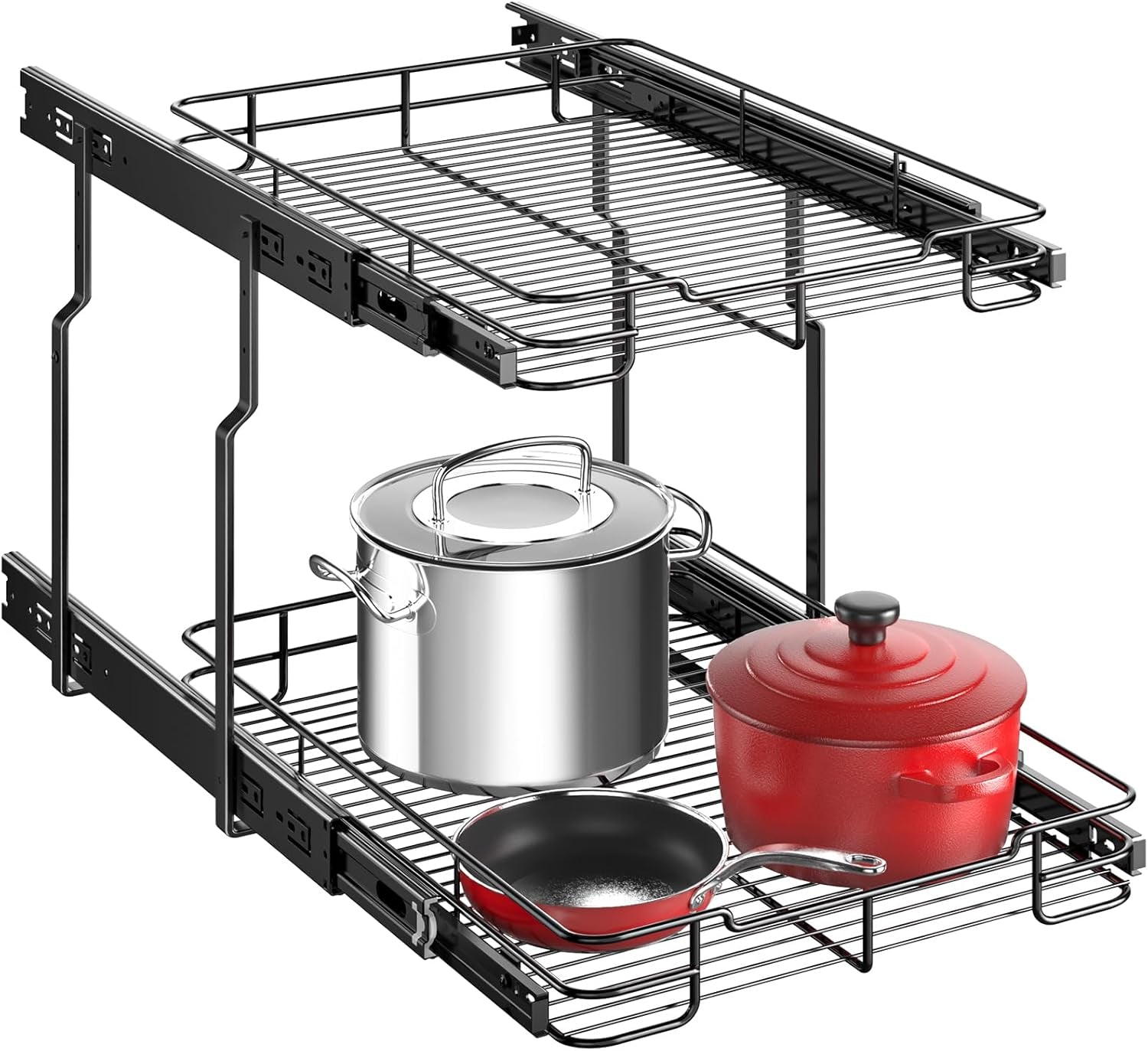 Pull Out Cabinet Organizer, Heavy Duty Cabinet Shelf Organizers, 2 Tier Cabinet Slide Out Shelves for Kitchen, Pantry, Bathroom, 14" W X 21" D