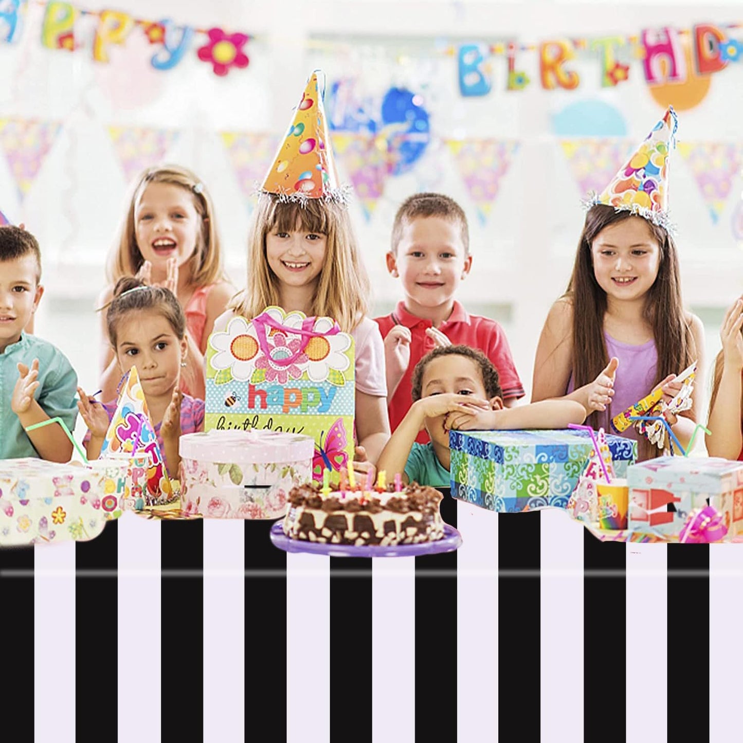 3 Packs Black and White Horizontal Striped Table Cloth 54 X 108 Inch Classic Black Stripe Tablecloths Disposable Plastic Stripe Table Covers Waterproof Picnic Tablecover for Halloween Party