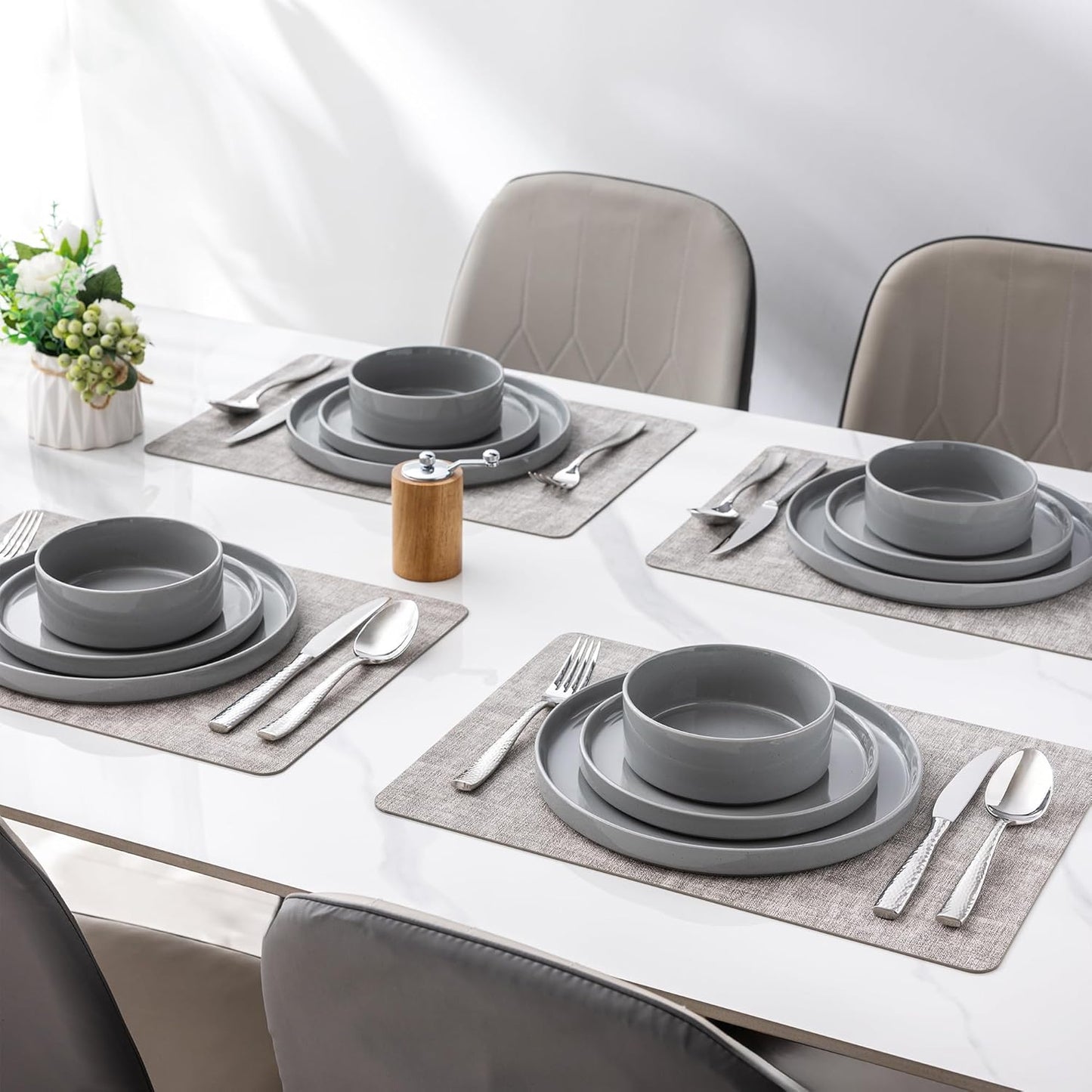 12-Piece Speckled Dinnerware Set for 4, Chip and Scratch Resistant Stoneware Plates and Bowls with Glazed Bottom, Dishwasher and Microwave Safe (Limestone)