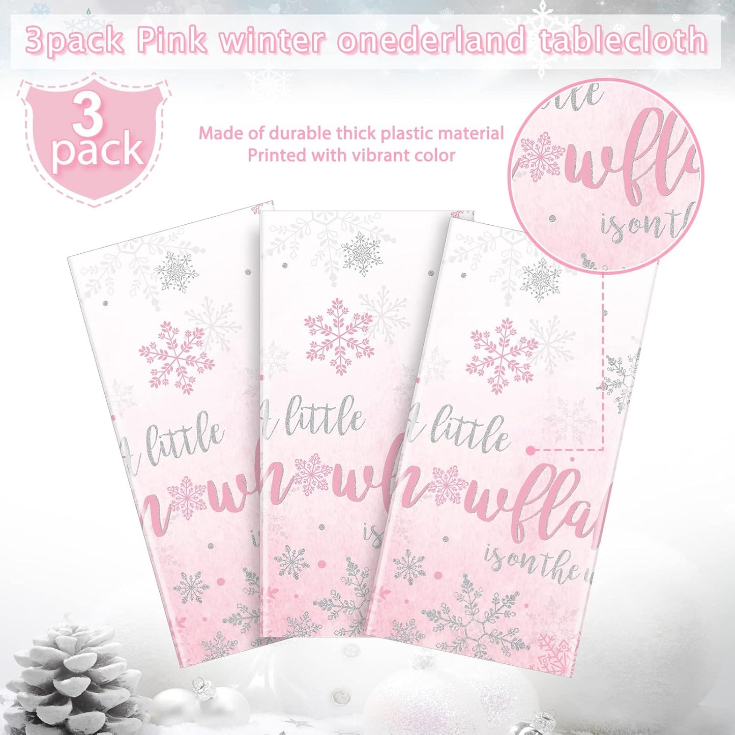 3Pcs Winter Snowflake Tablecloth, Little Snowflake Is on the Way Baby Shower Plastic Pink Tablecloth, Winter Wonderland Baby Shower Decorations for Onederland Princess Gender Reveal, 54X108Inch