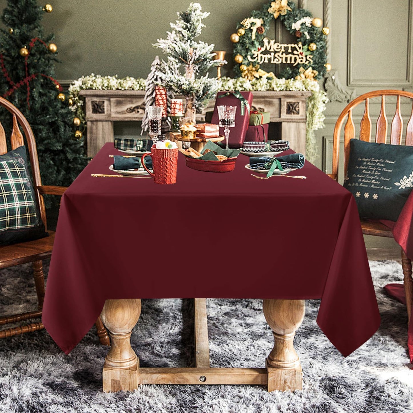 Rectangle Tablecloth - 60 X 84 Inch - Stain and Wrinkle Resistant Washable Polyester Table Cloth, Decorative Fabric Table Cover for Dining Tables, Buffet Parties and Camping, Burgundy