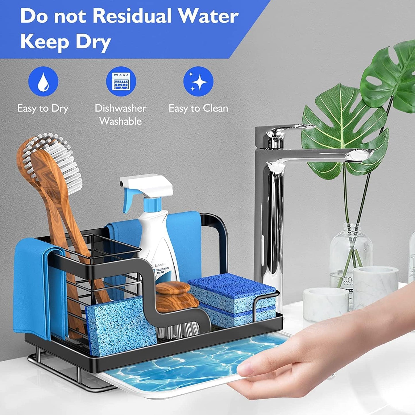 Sink Caddy,Kitchen Sink Organizers Sponge Holder for Kitchen Sink,Dish Soap Scrubber Holder with Removable Drain Pan,Sink Brush Holder for Scrubber-Black