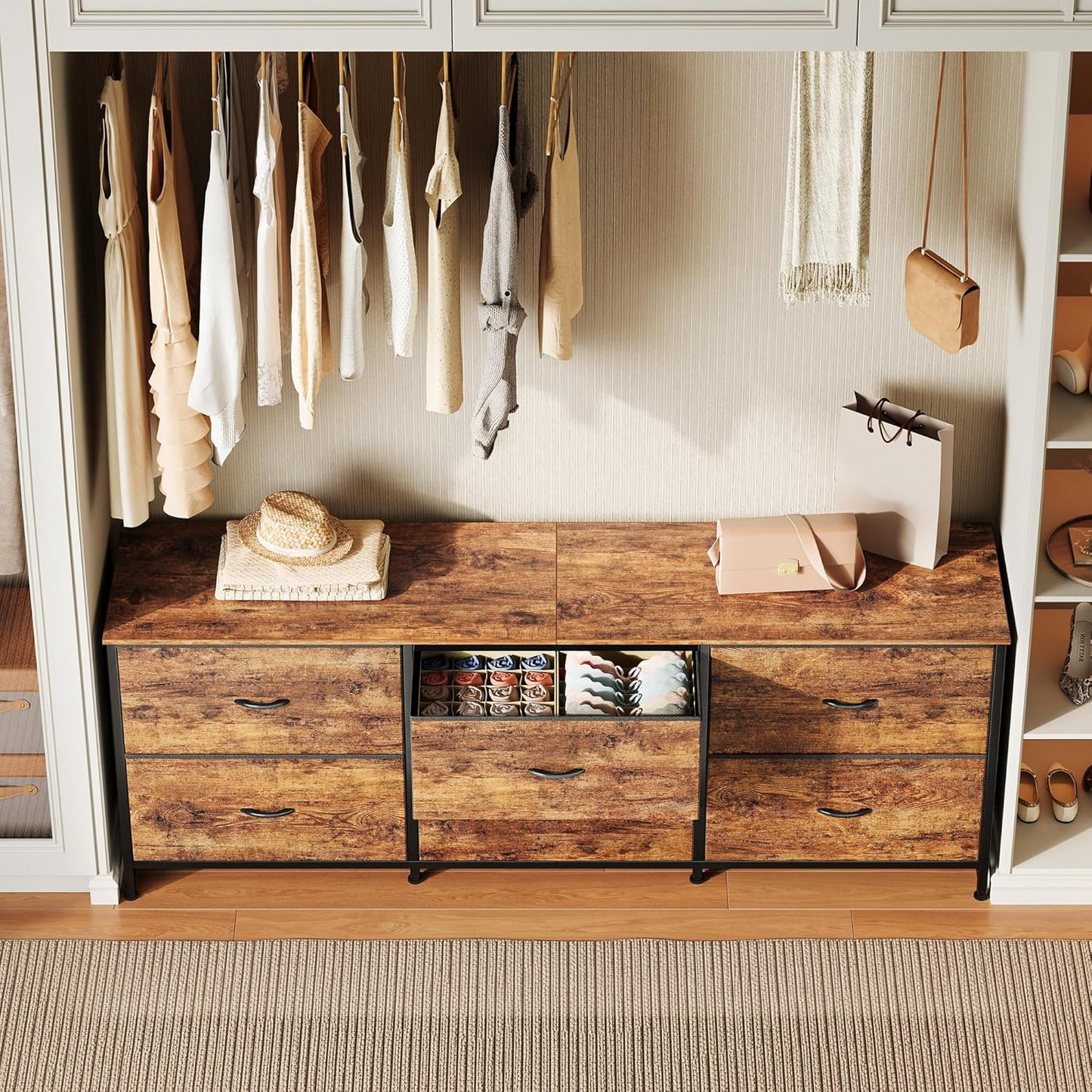 63-Inch Rustic Brown Dresser and TV Stand, Suitable for 55 to 70 Inch TVs, Featuring 6 Fabric Drawer Storage for Bedroom and Entryway Organization