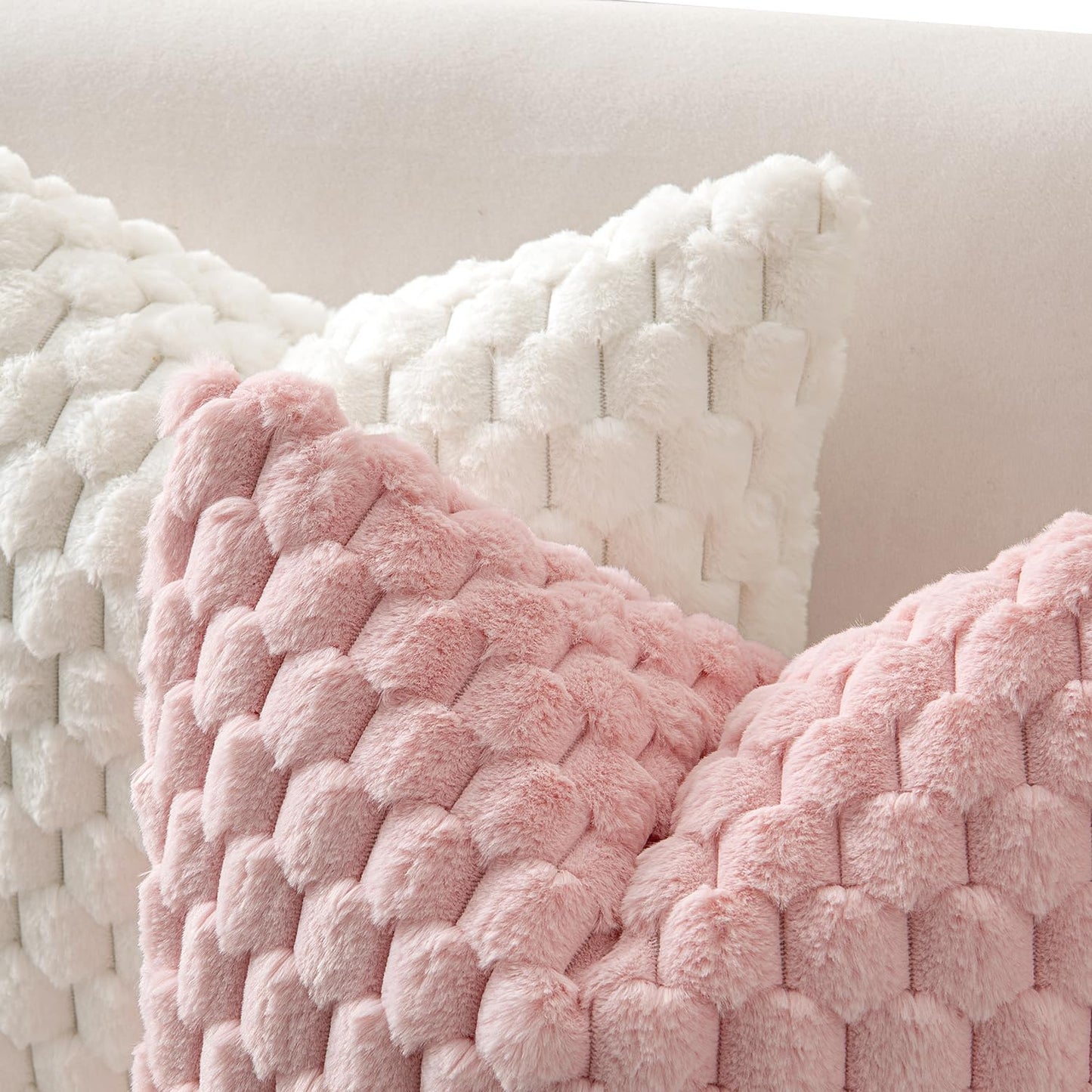 Pink Faux Fur Decorative Throw Pillow Covers 18X18 Inch Set of 2 Super Soft Cozy Plush Cushion Cases Luxury Fluffy Pillowcases for Sofa Couch Bed Living Room
