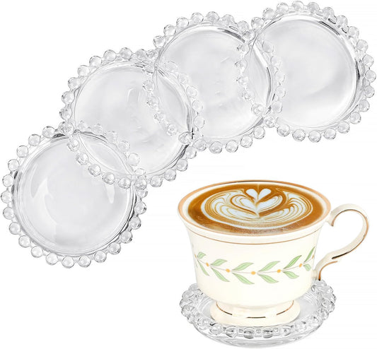 Modern Clear Glass Coaster Set - 5-Piece Round Coasters with Beaded Edge for Drinks, Ideal for Coffee Table Decor in Office, Kitchen, Bar, Dining Room, Living Room, and Patio (Clear)
