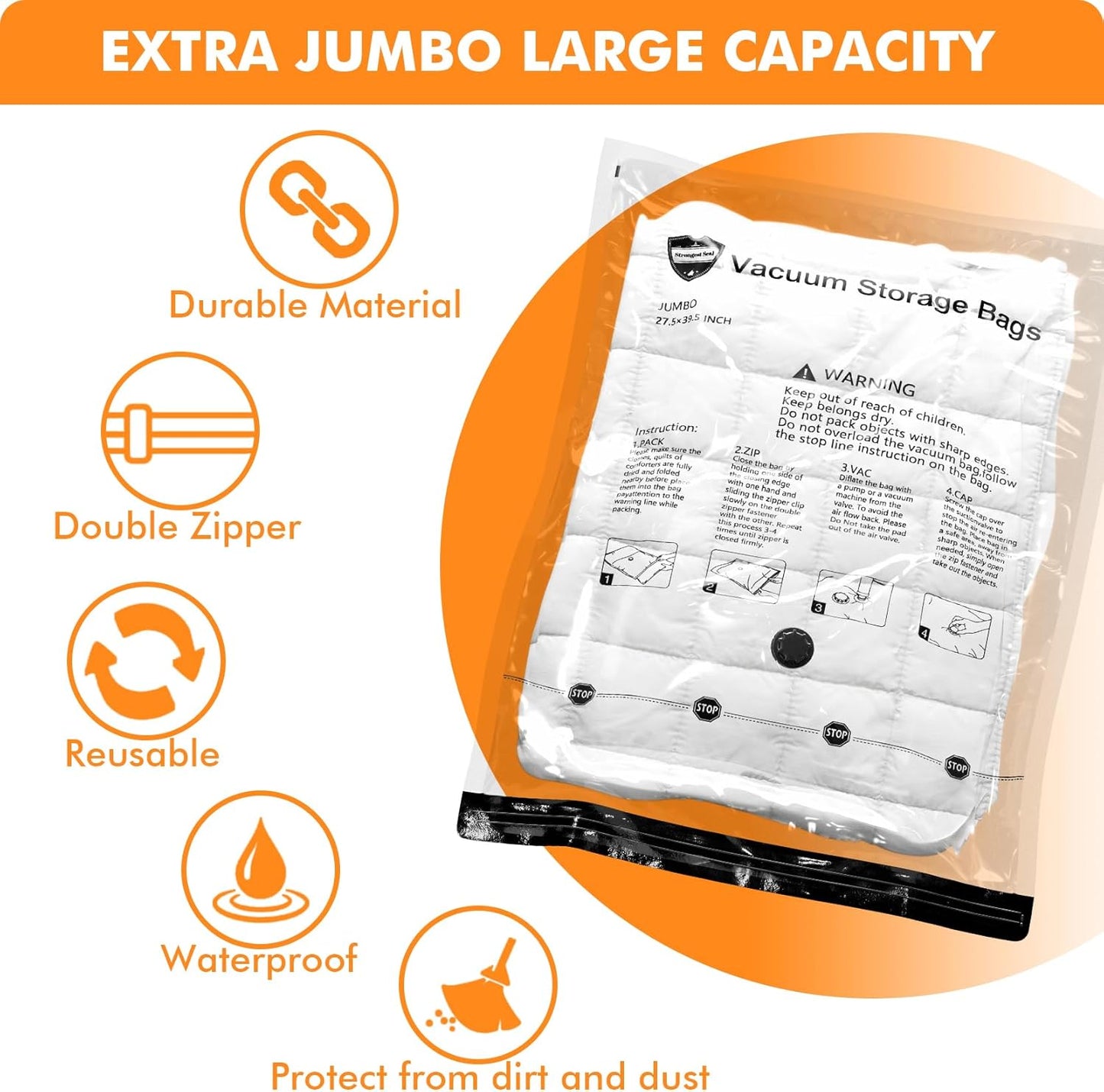 6 Large Vacuum Storage Bags,Plastic Packaging Bags,Space Saver Sealer Compression Bags for Blankets, Comforters, Pillows, Clothes Storage