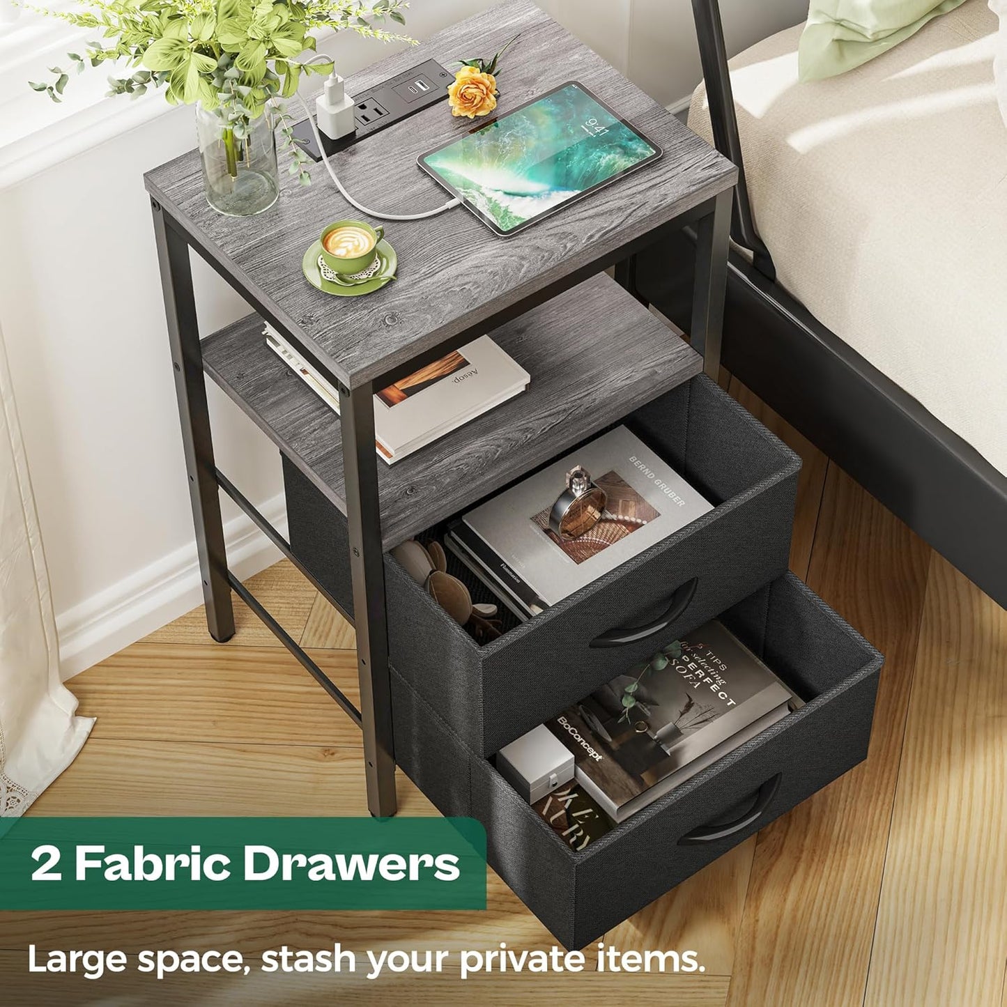 Charcoal Gray Nightstand with Integrated Charging Station, Fabric Drawers, Open Shelf, and USB Ports