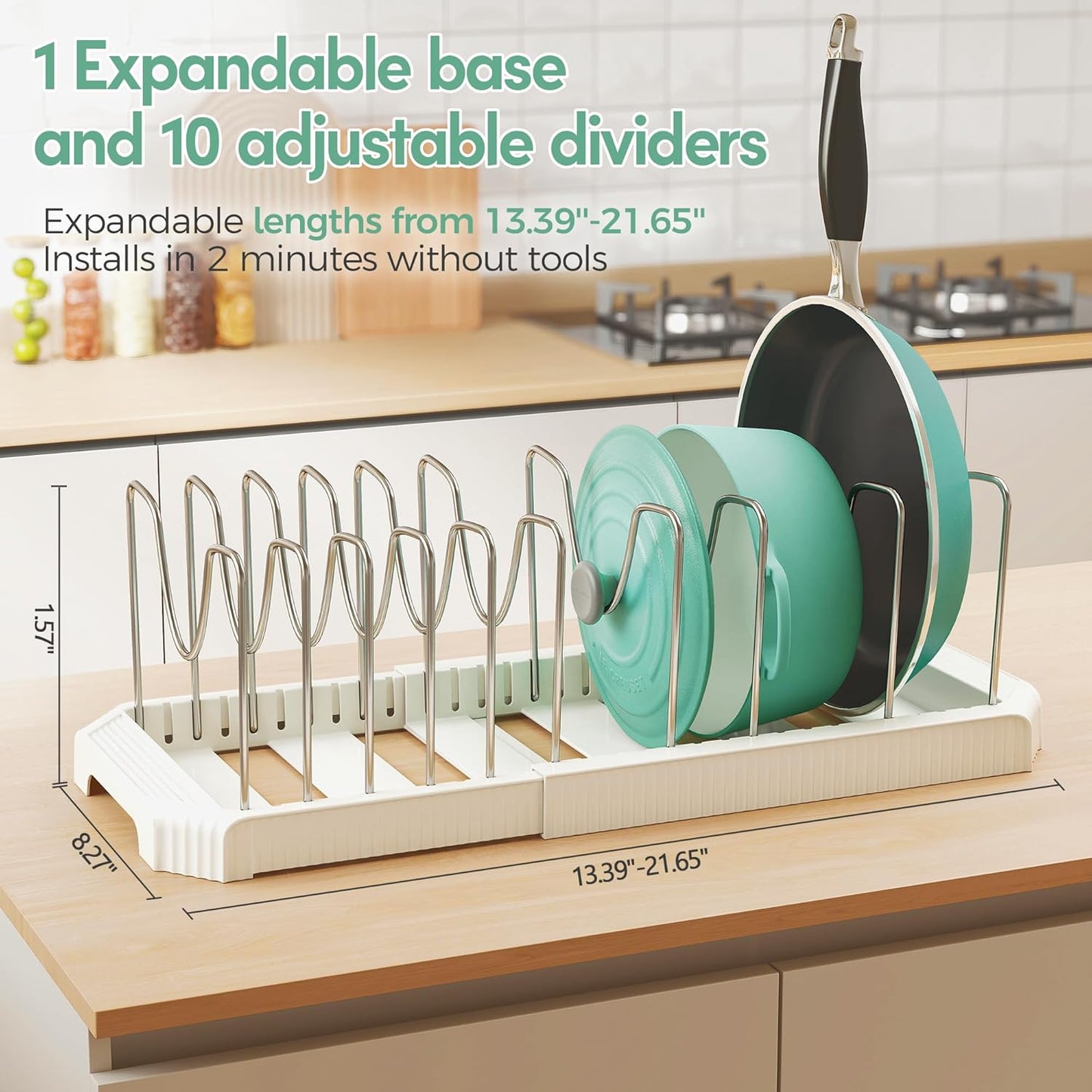 Pots and Pans Organizer for under Cabinet, Pan Pot Organizers inside Cabinet, Expandable Organizer with 10 Adjustable Dividers for Cookie Sheets, Cutting Boards, Pot Lids, Cookware - Frying Pan Rack