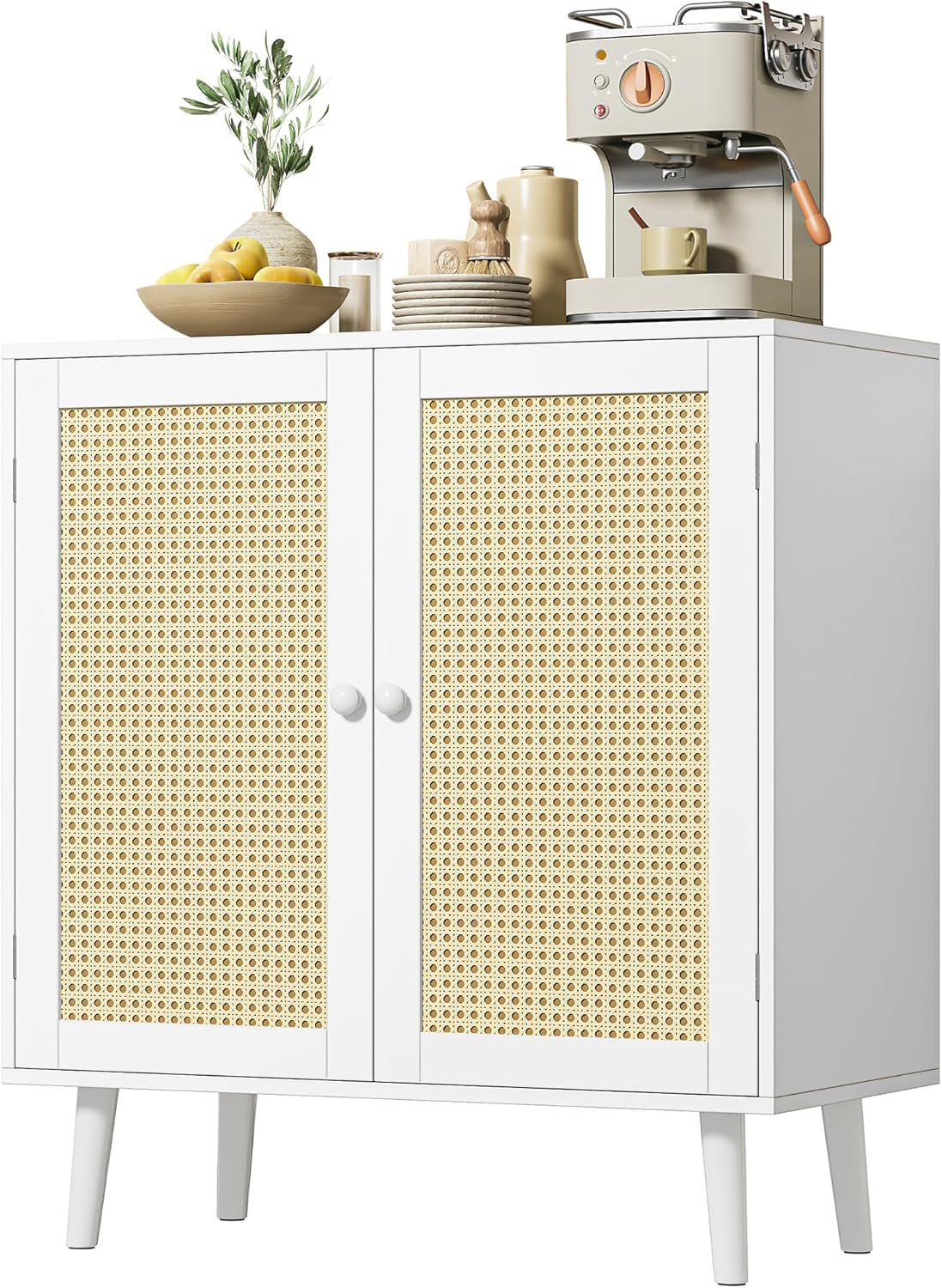 Buffet Cabinet with Storage and PE Rattan Decorative Doors, Featuring Solid Wood Legs for Hallway, Entryway, and Living Room - White Finish