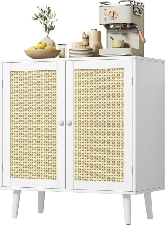 Buffet Cabinet with Storage and PE Rattan Decorative Doors, Featuring Solid Wood Legs for Hallway, Entryway, and Living Room - White Finish