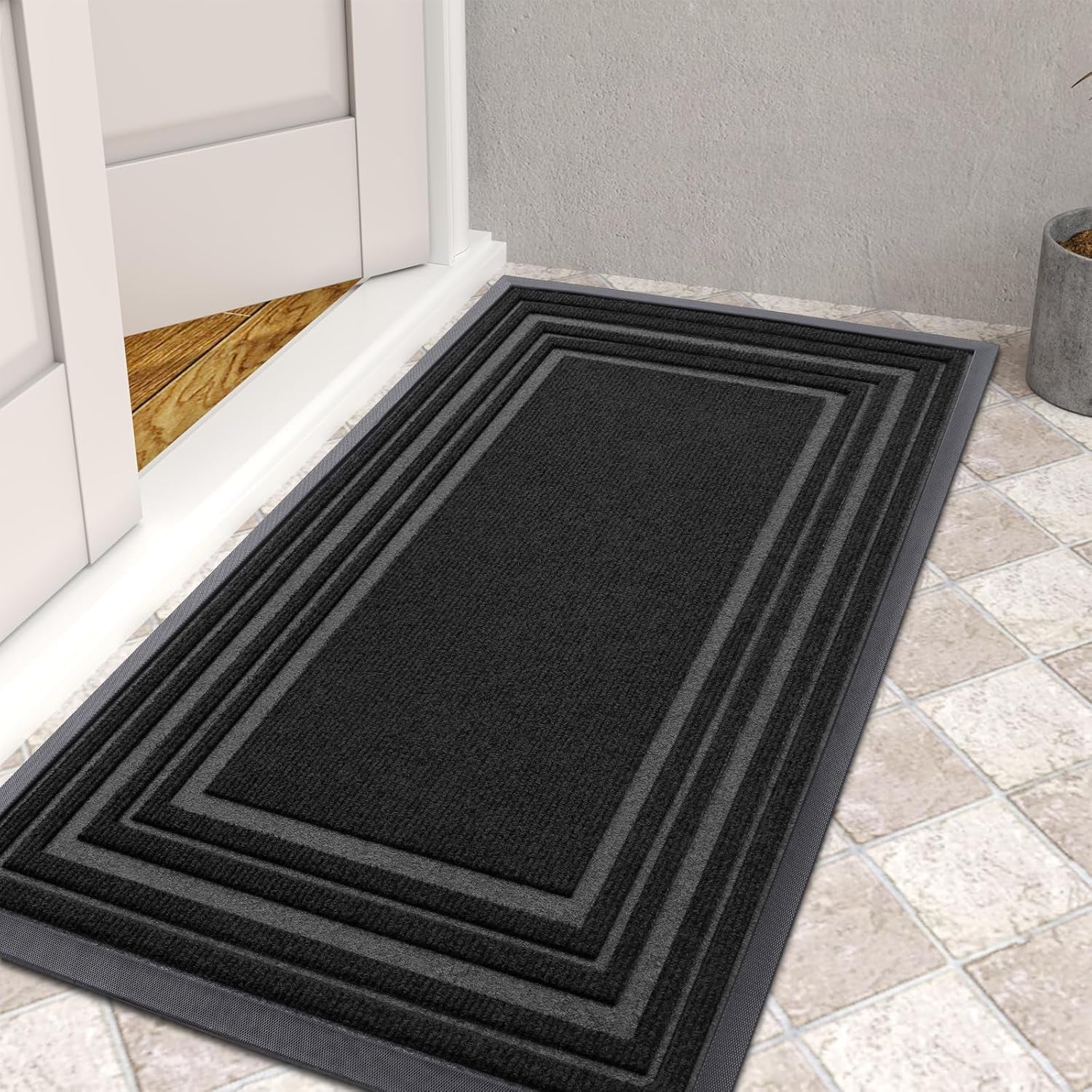 Front Door Mat Indoor Outdoor Entrance, Non-Slip Natural Rubber Doormats, Easy Clean, Low Profile, Dirt Trapper Entryway Floor Mats for Outside, Garages and Patios, 29.5X17, Black