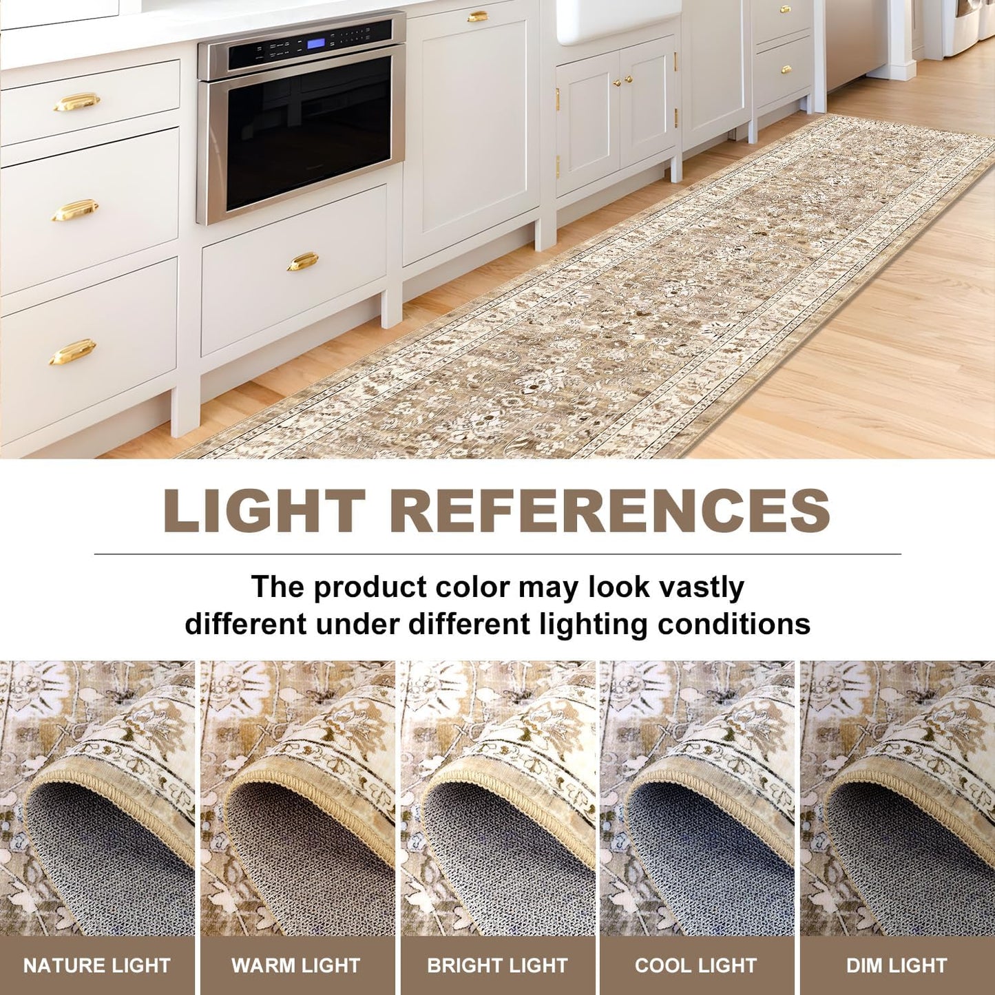 Washable Non-Slip Vintage Hallway Runner Rug, 2x8 ft, Boho Floral Soft Faux Wool Carpet with Rubber Backing for Laundry, Entryway, and Bedroom (Beige Brown)